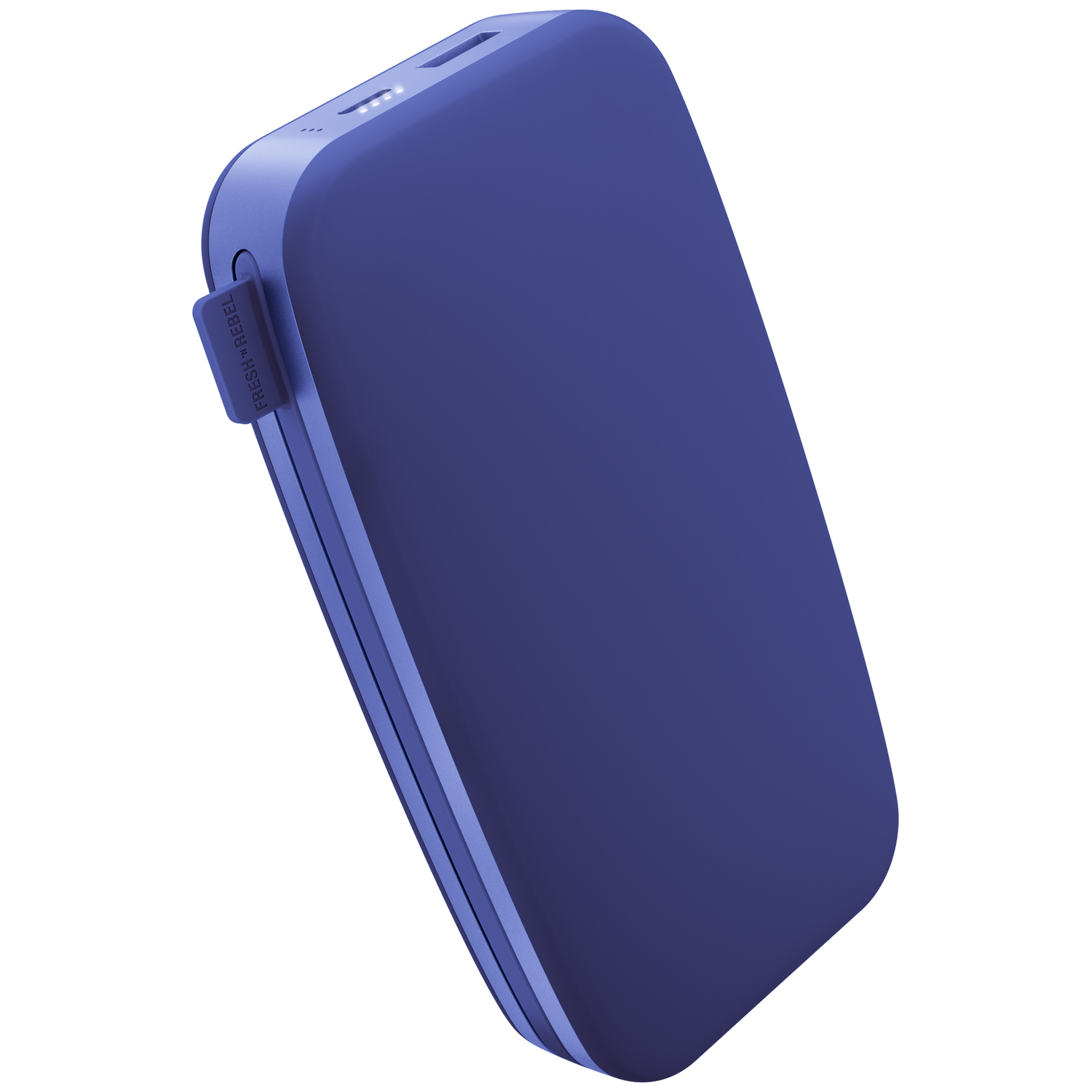 Une batterie externe violette avec des coins arrondis et des ports sur le dessus.