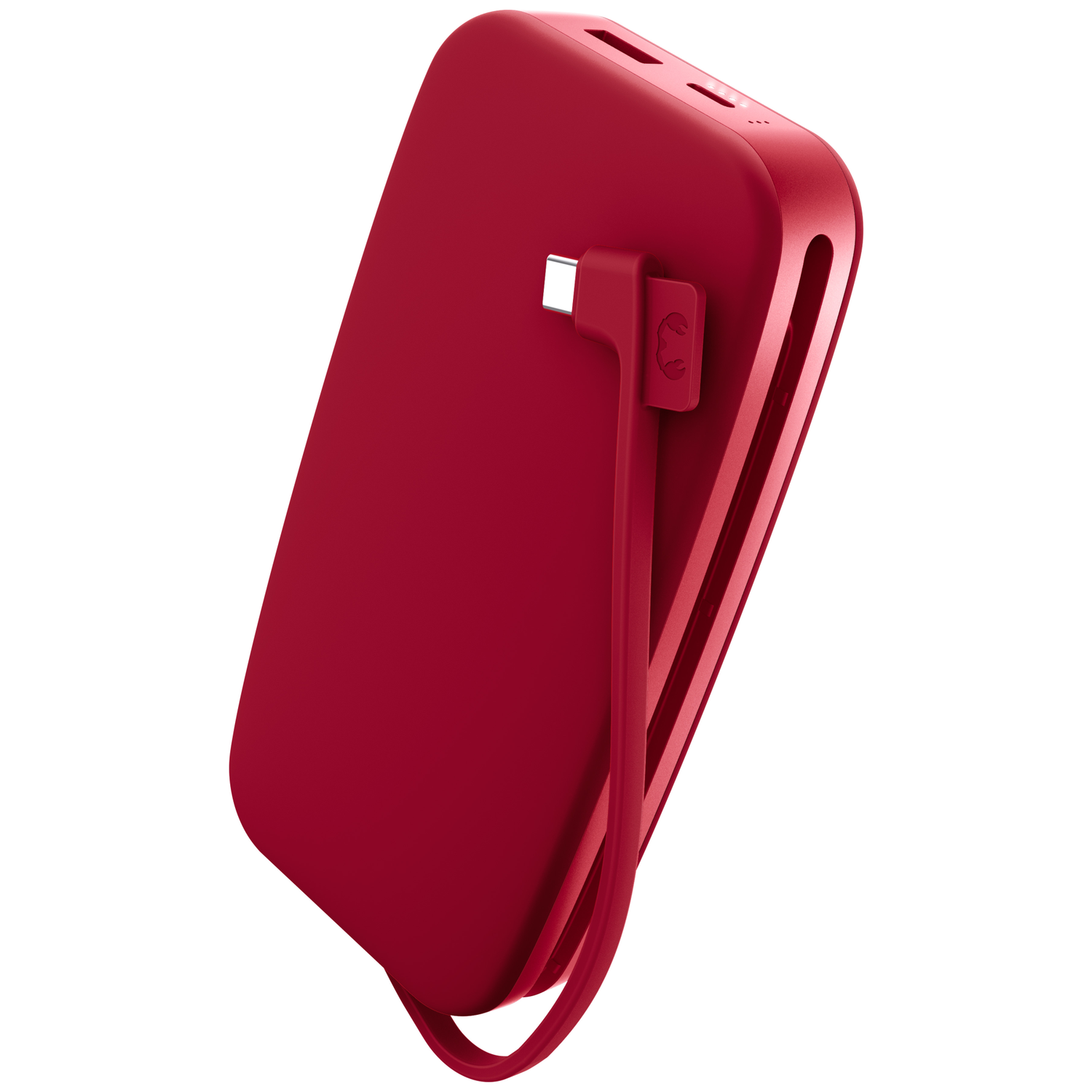 Batterie externe rouge avec câble de charge intégré et ports sur le dessus.