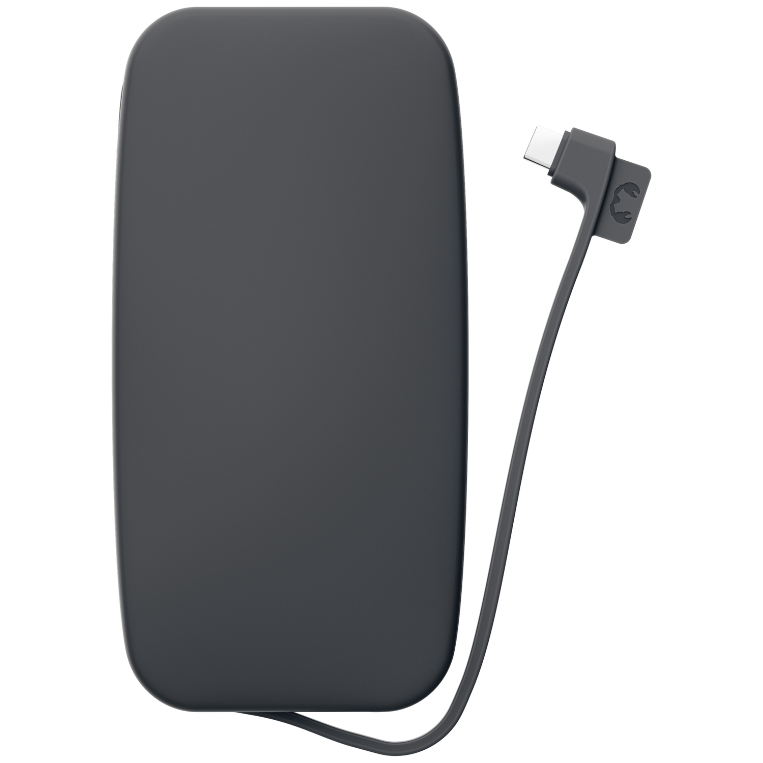 Une batterie externe gris foncé avec un câble USB-C intégré sur fond blanc.