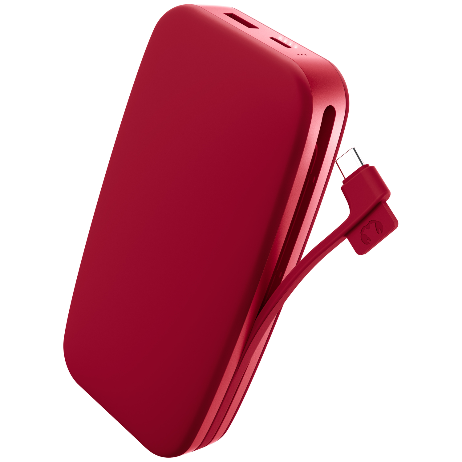 Une batterie externe rouge avec un câble attaché et un connecteur USB-C sur fond blanc.