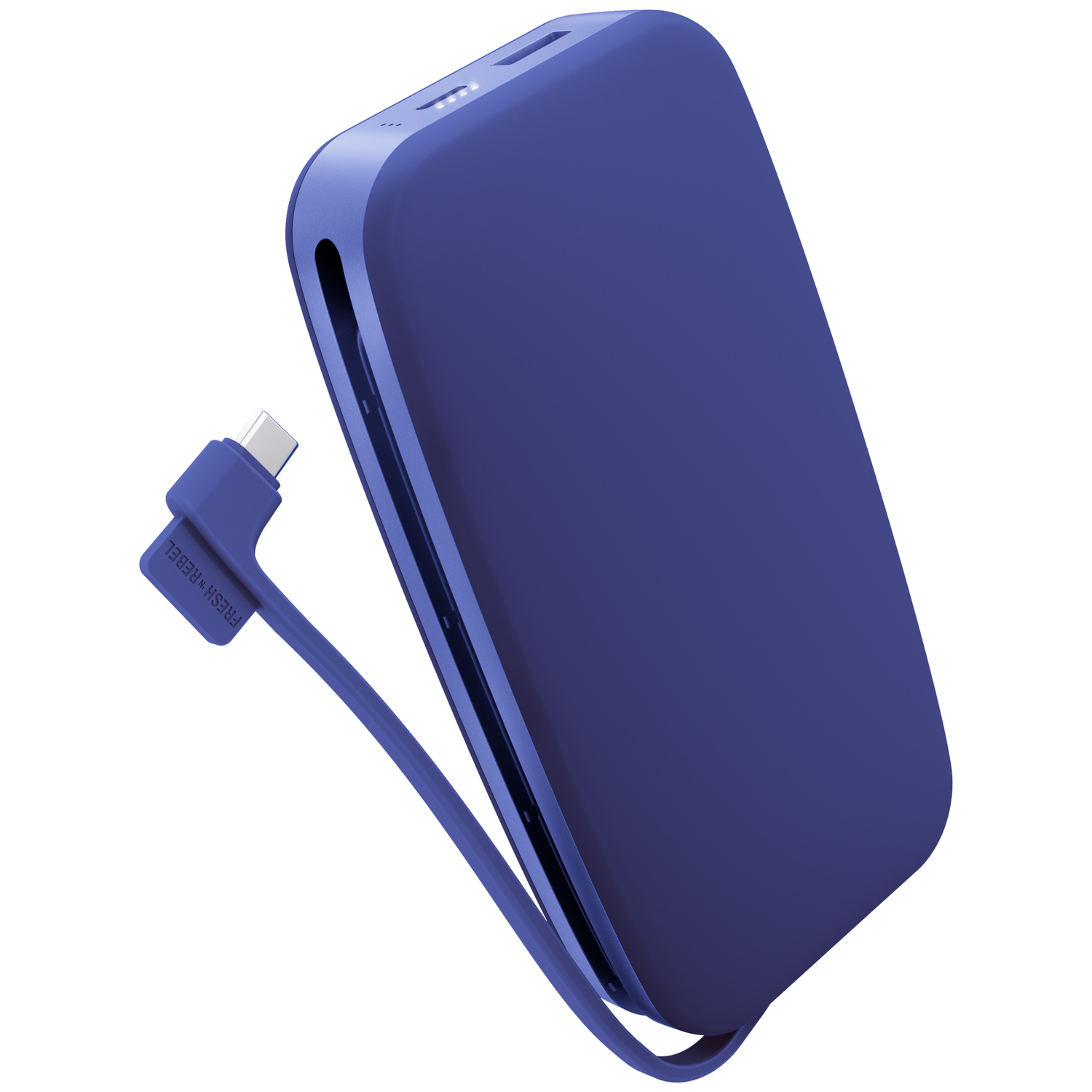 Batterie externe bleue avec câble de charge intégré sur fond blanc.