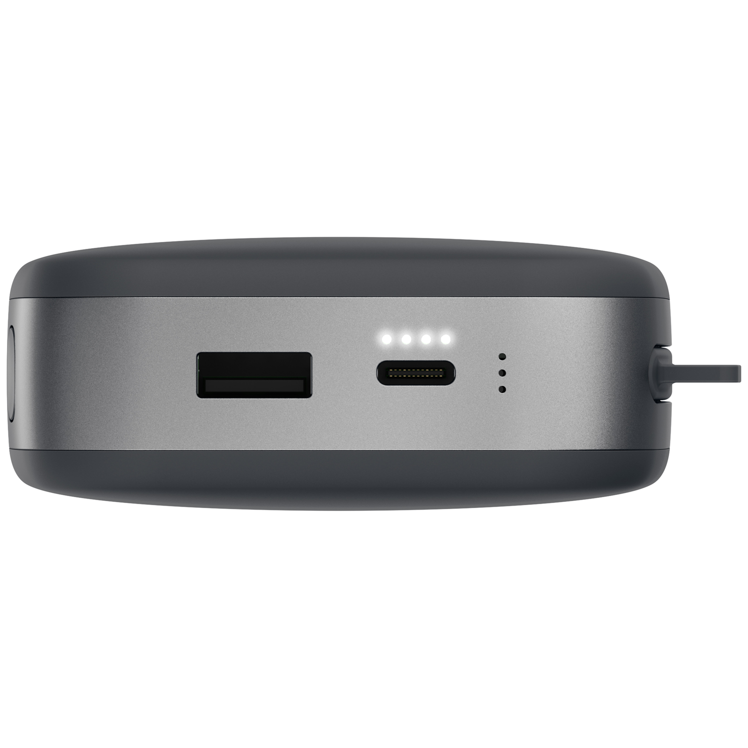 Gros plan d'une batterie externe grise avec un port USB-A, un port USB-C et quatre LED d'indication de charge.