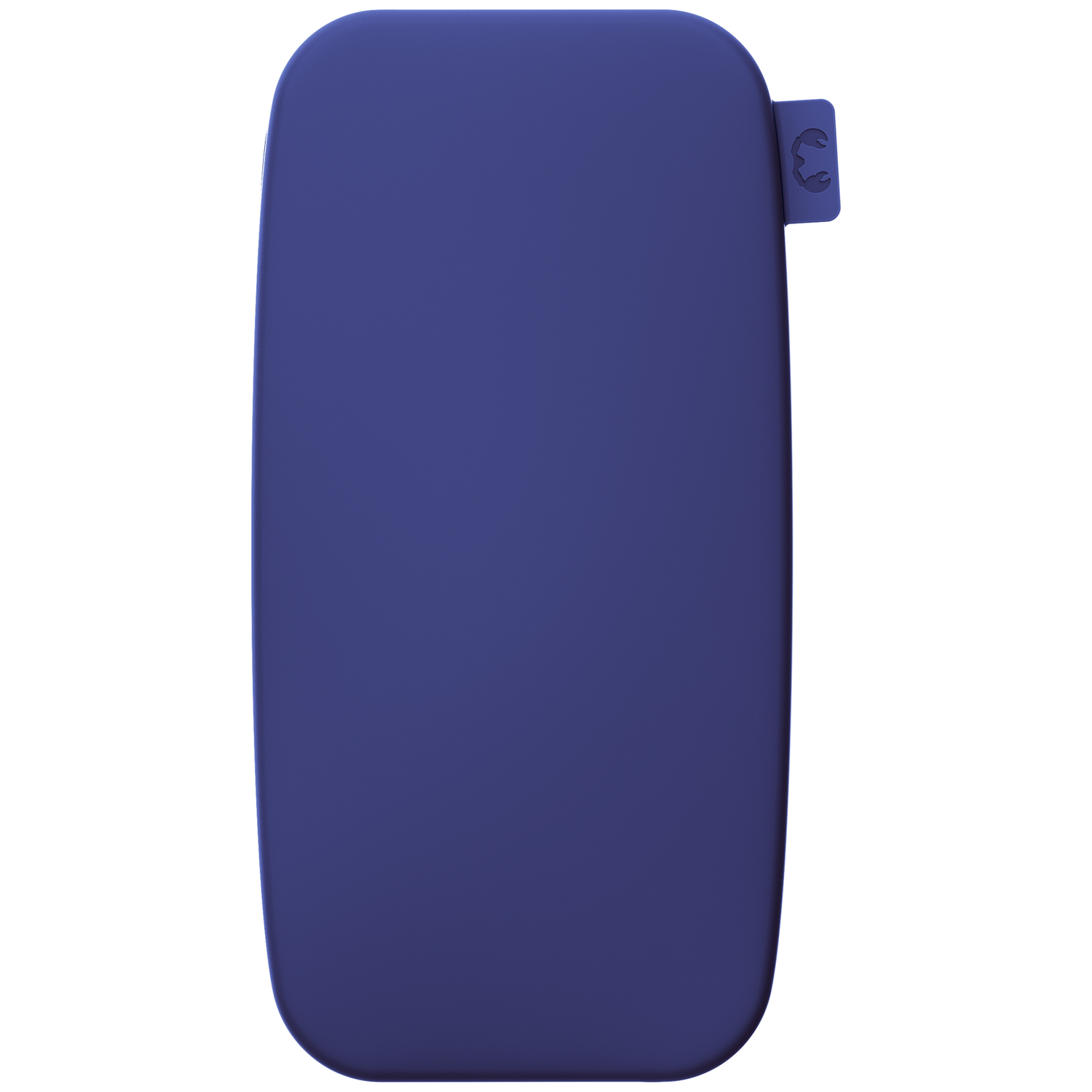 Un étui bleu foncé uni avec des coins arrondis et une petite étiquette latérale, sur fond blanc.