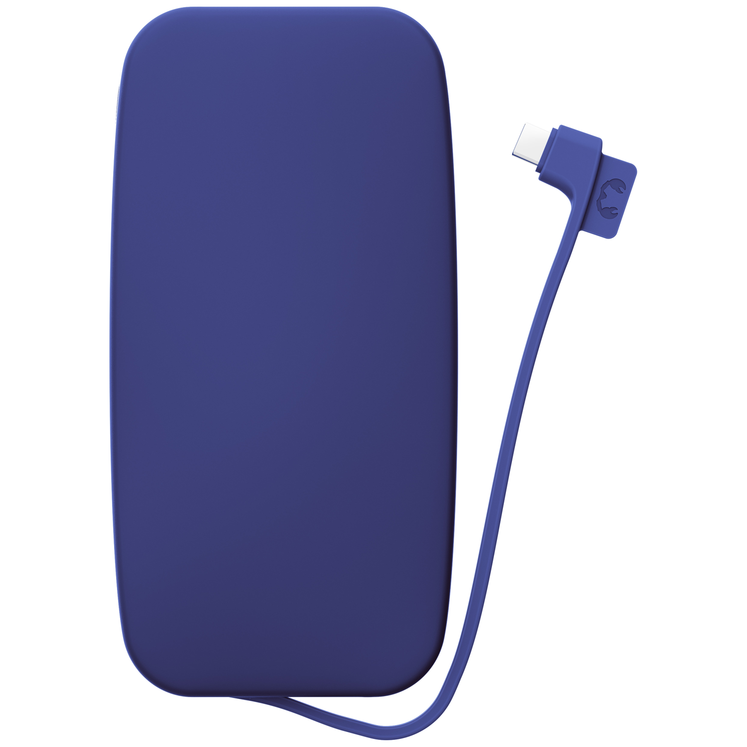 Une batterie externe bleue aux coins arrondis et un câble de charge bleu intégré sur fond blanc.