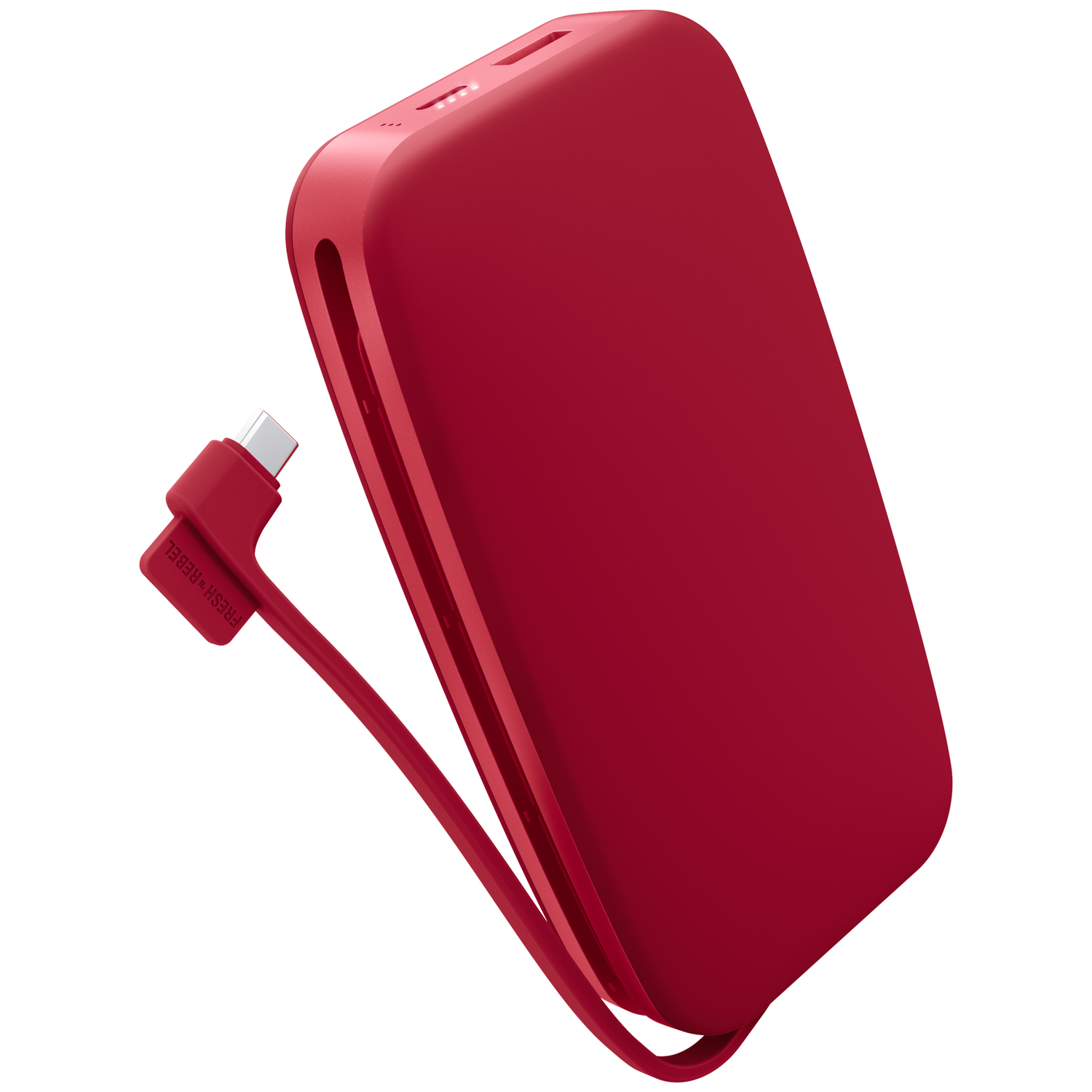 Une batterie externe rouge avec câble de charge intégré flotte sur fond blanc.