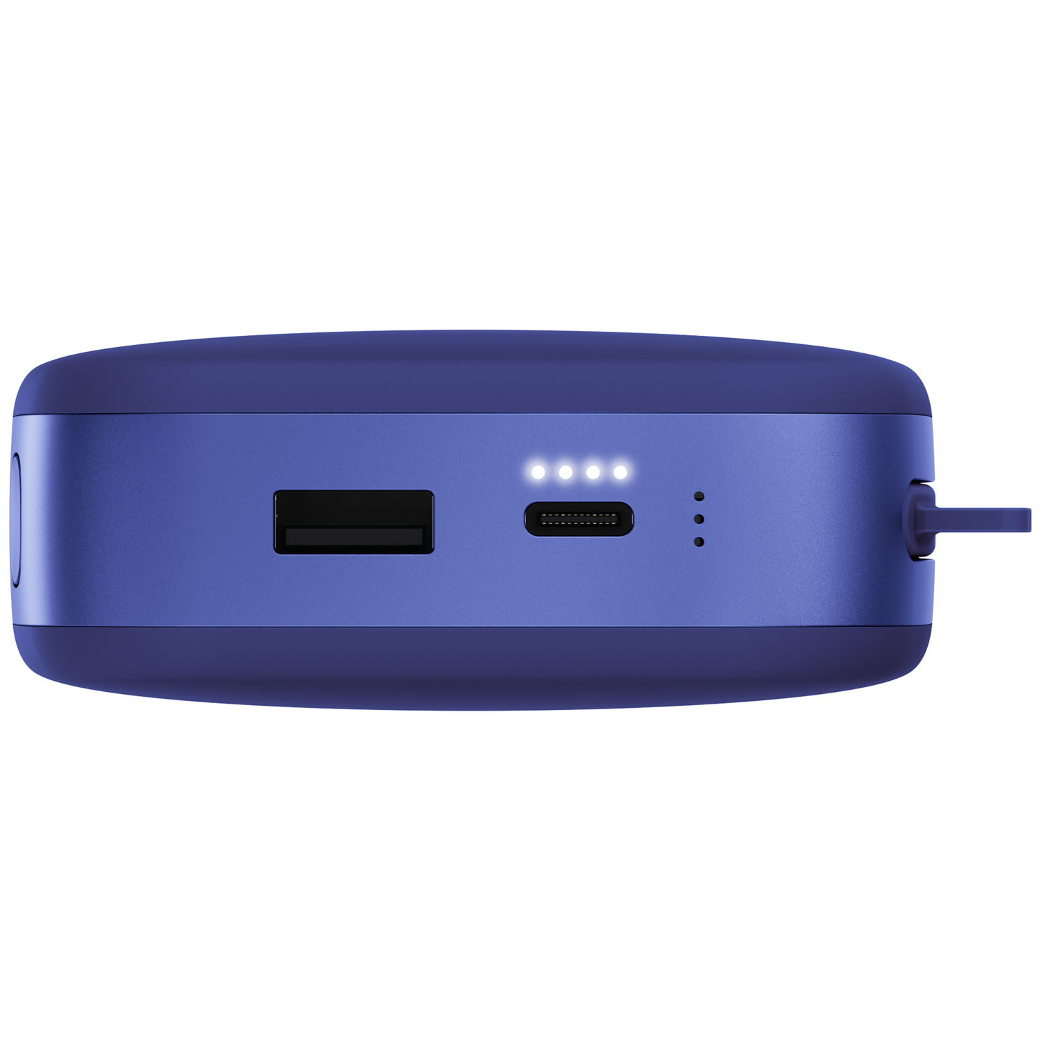 Batterie externe bleue avec port USB, port USB-C et quatre voyants d'état LED allumés.