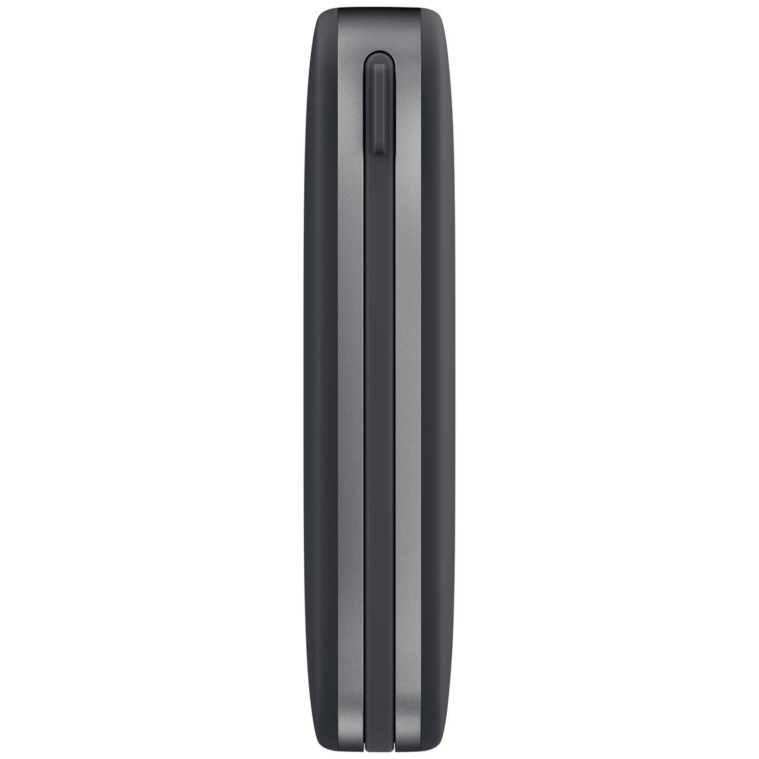 Vue latérale d'une batterie externe sombre avec un bouton vertical et des bords lisses sur fond blanc.