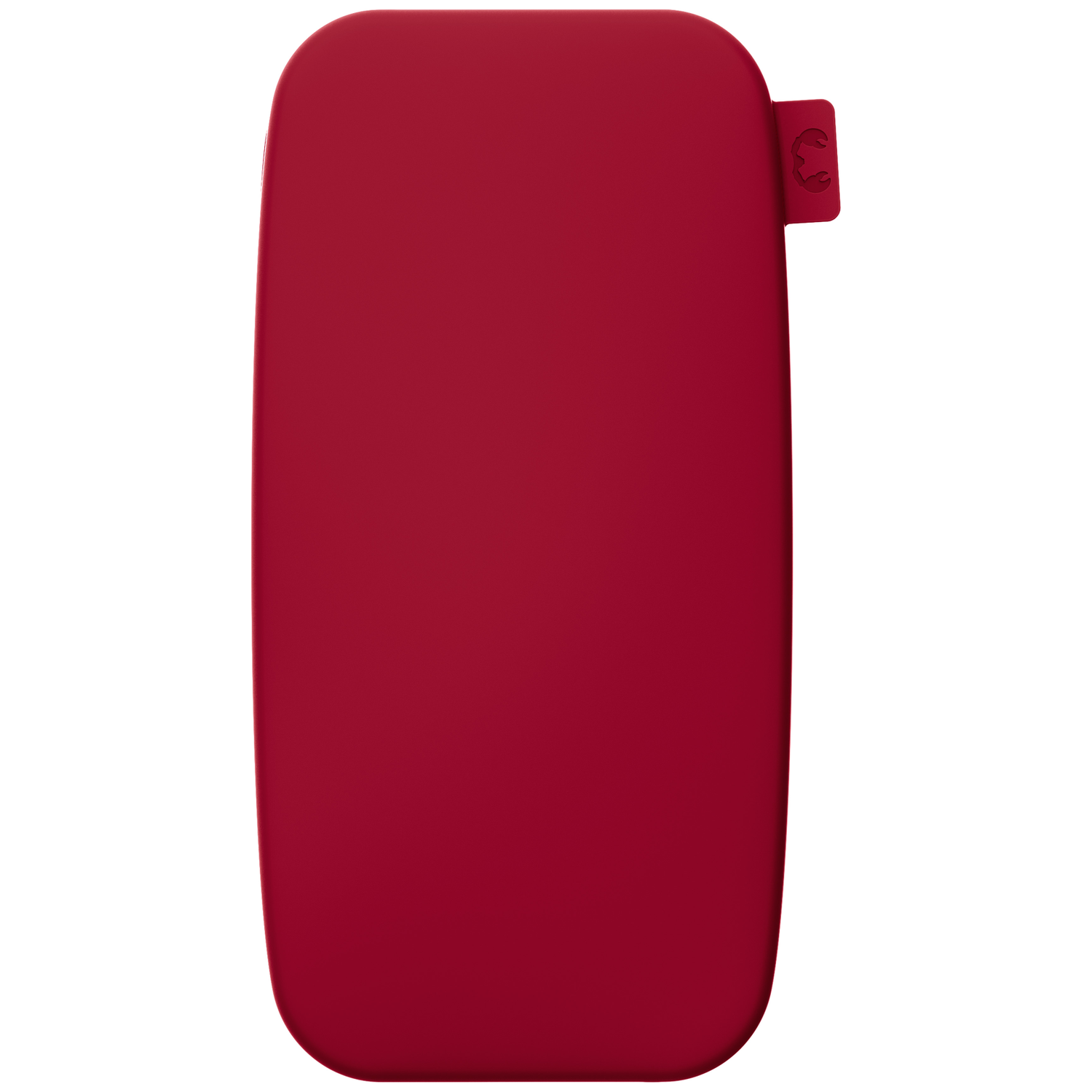 Un étui rectangulaire rouge foncé uni aux coins arrondis et une petite languette sur fond blanc.
