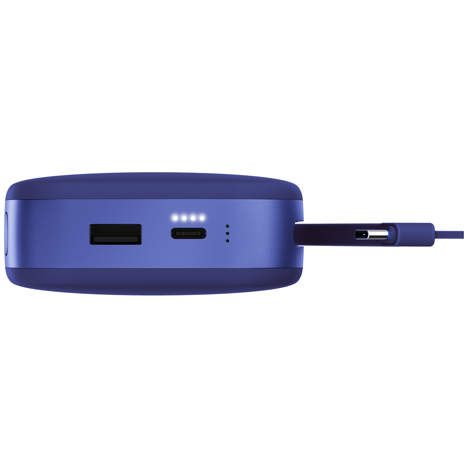 Batterie externe bleue avec port USB, port USB-C, quatre voyants lumineux et un câble USB-C branché sur fond blanc.