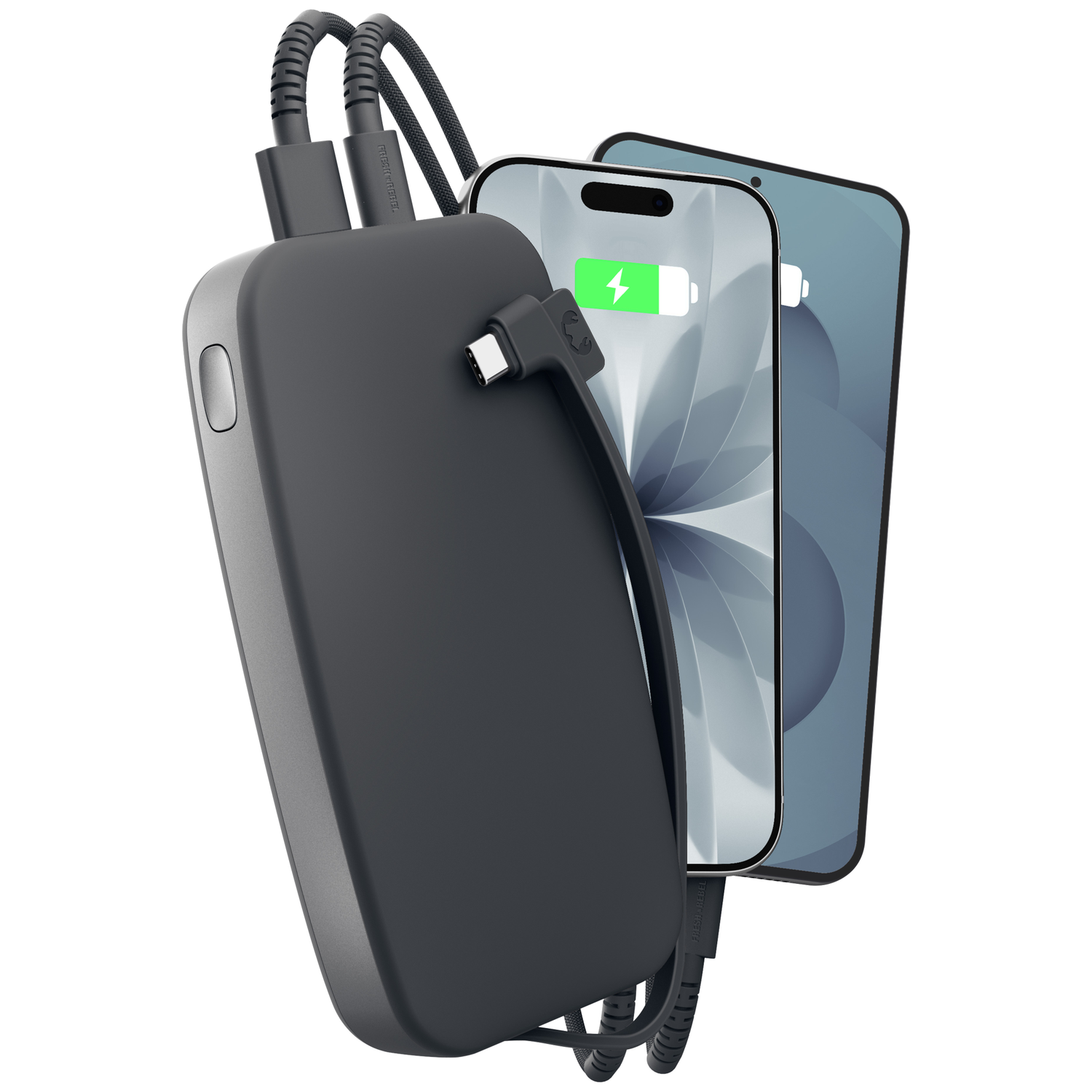 Une batterie externe noire charge deux smartphones affichant des icônes de batterie vertes sur leurs écrans.