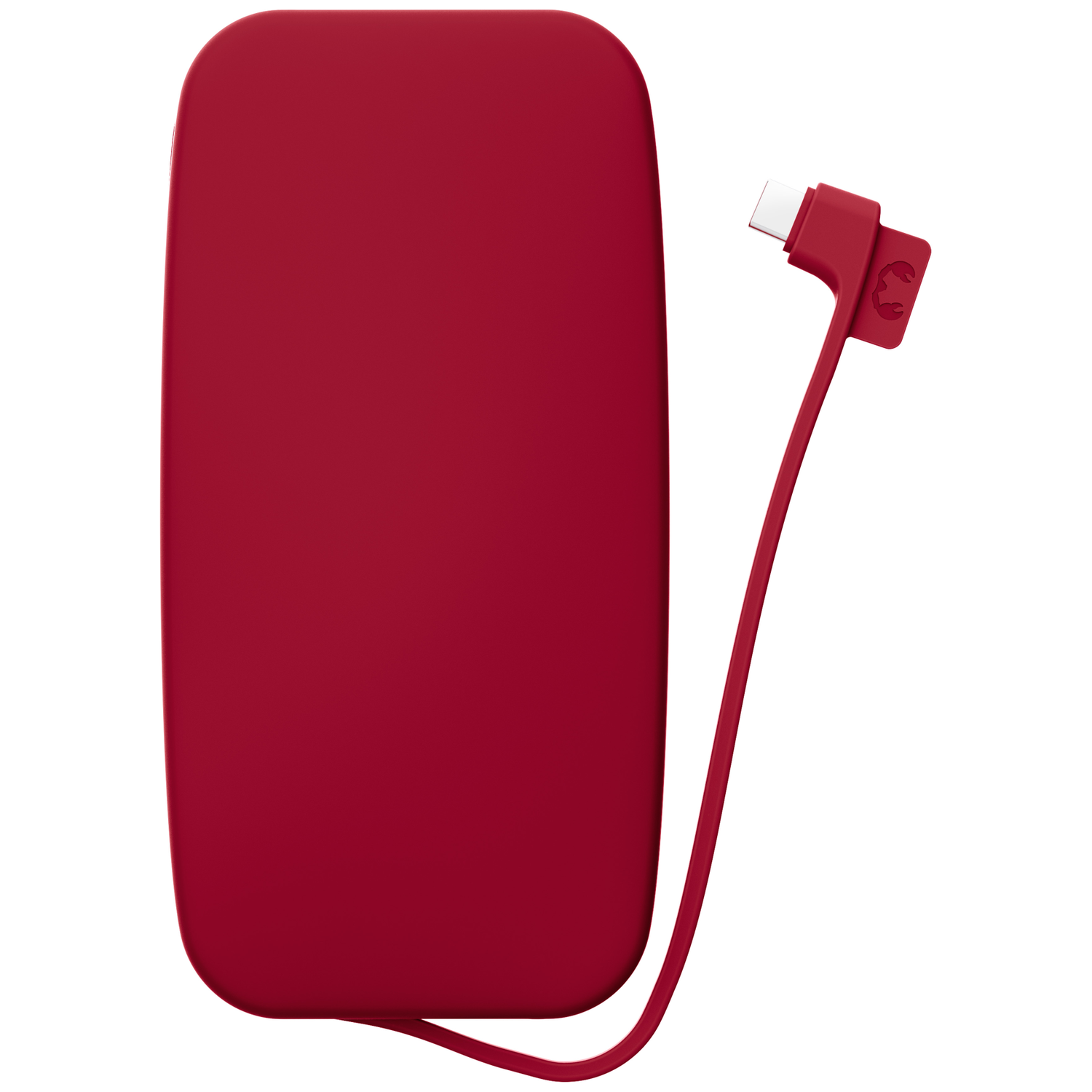 Une batterie externe rouge avec un câble de charge intégré doté d'un connecteur USB-C sur fond blanc.