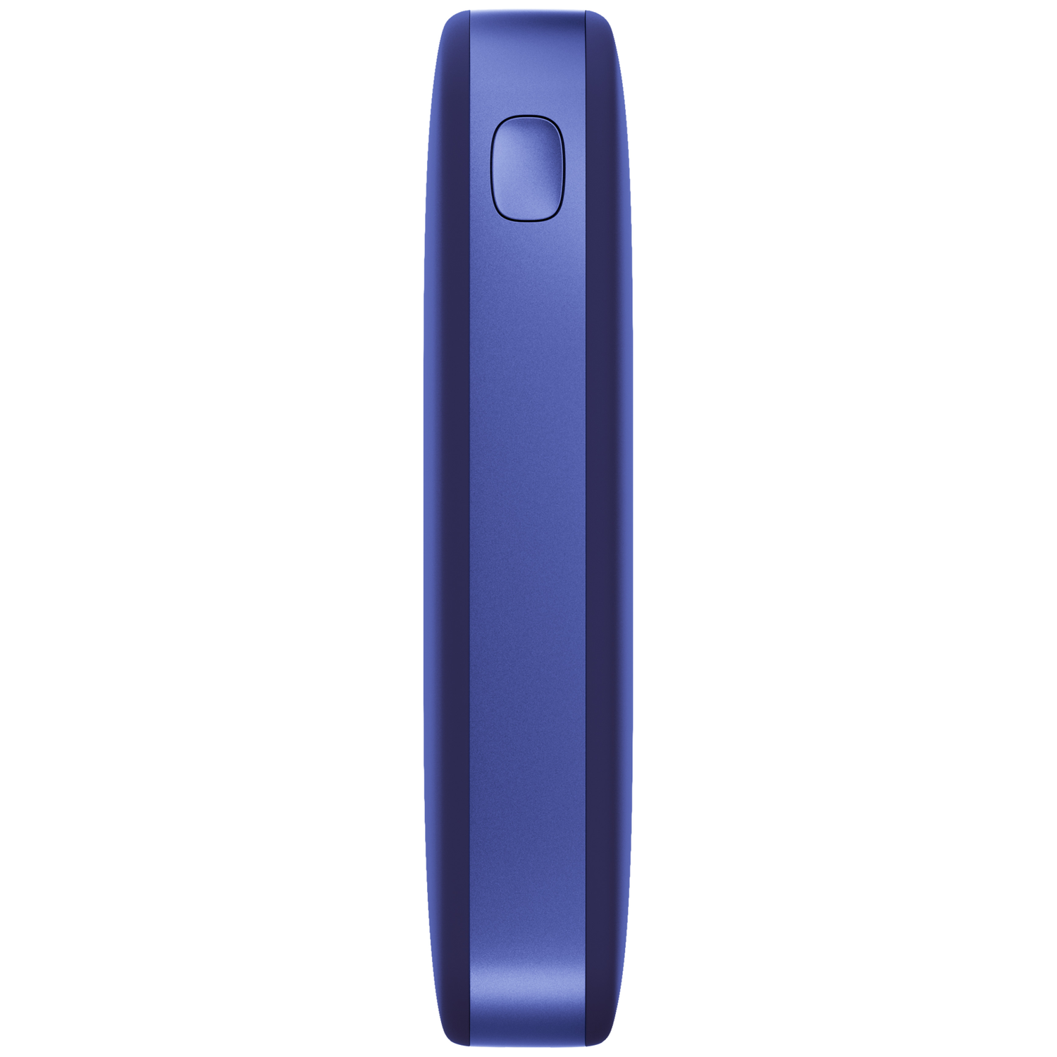 Appareil électronique bleu élégant aux bords arrondis avec un seul bouton ovale près du haut.