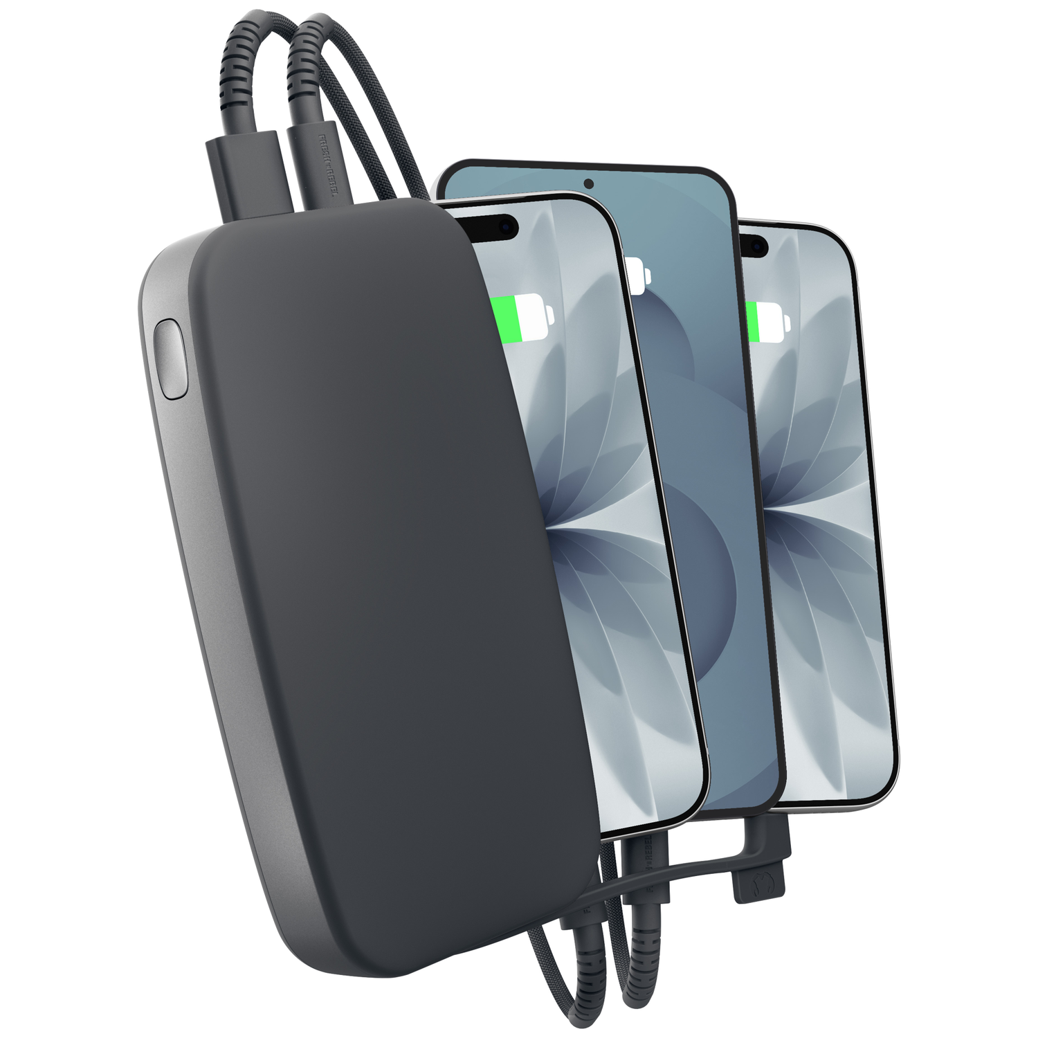 Une batterie externe sombre charge trois smartphones simultanément avec des câbles noirs.