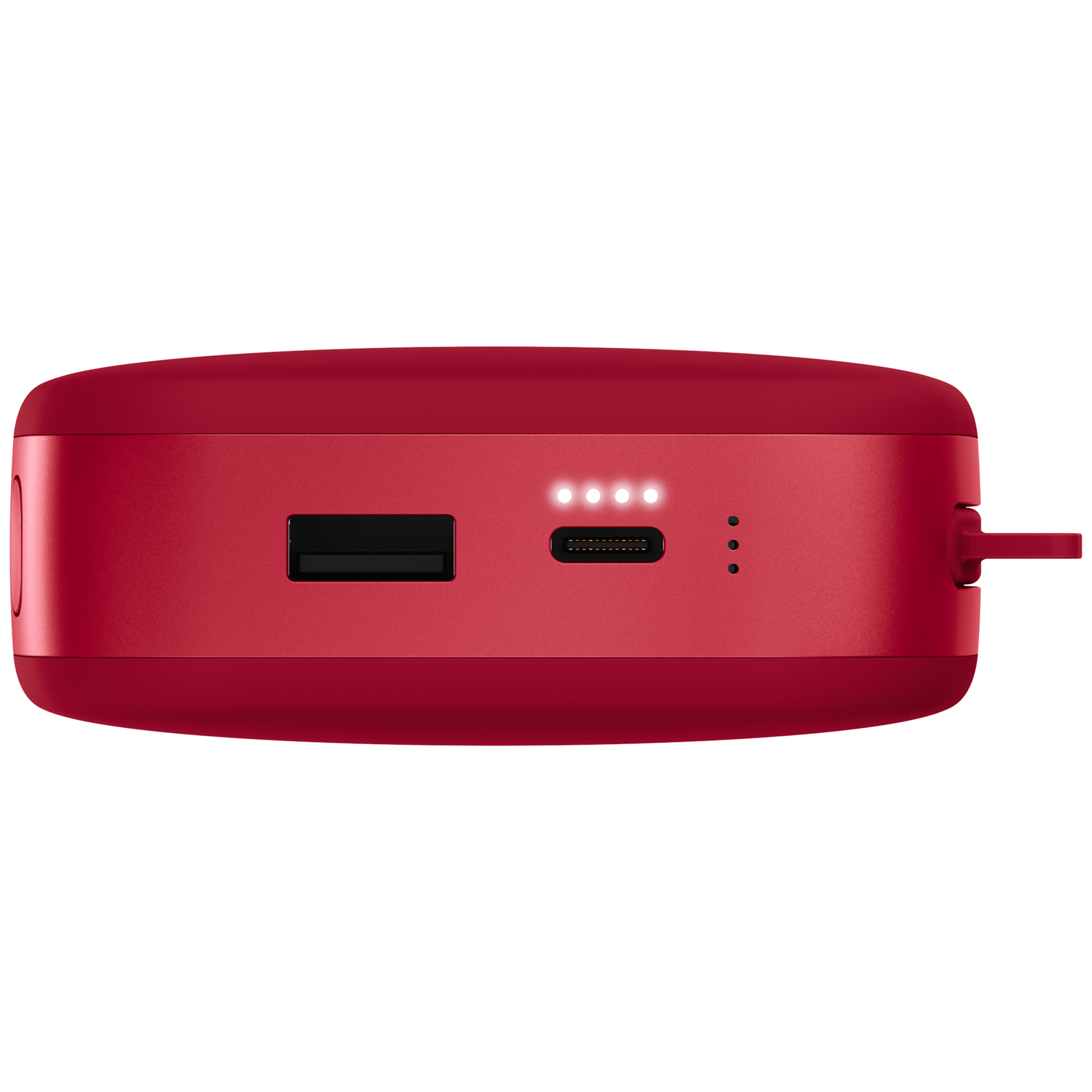 Batterie externe rouge avec un port USB-A, un port USB-C et quatre voyants lumineux allumés à l'avant.