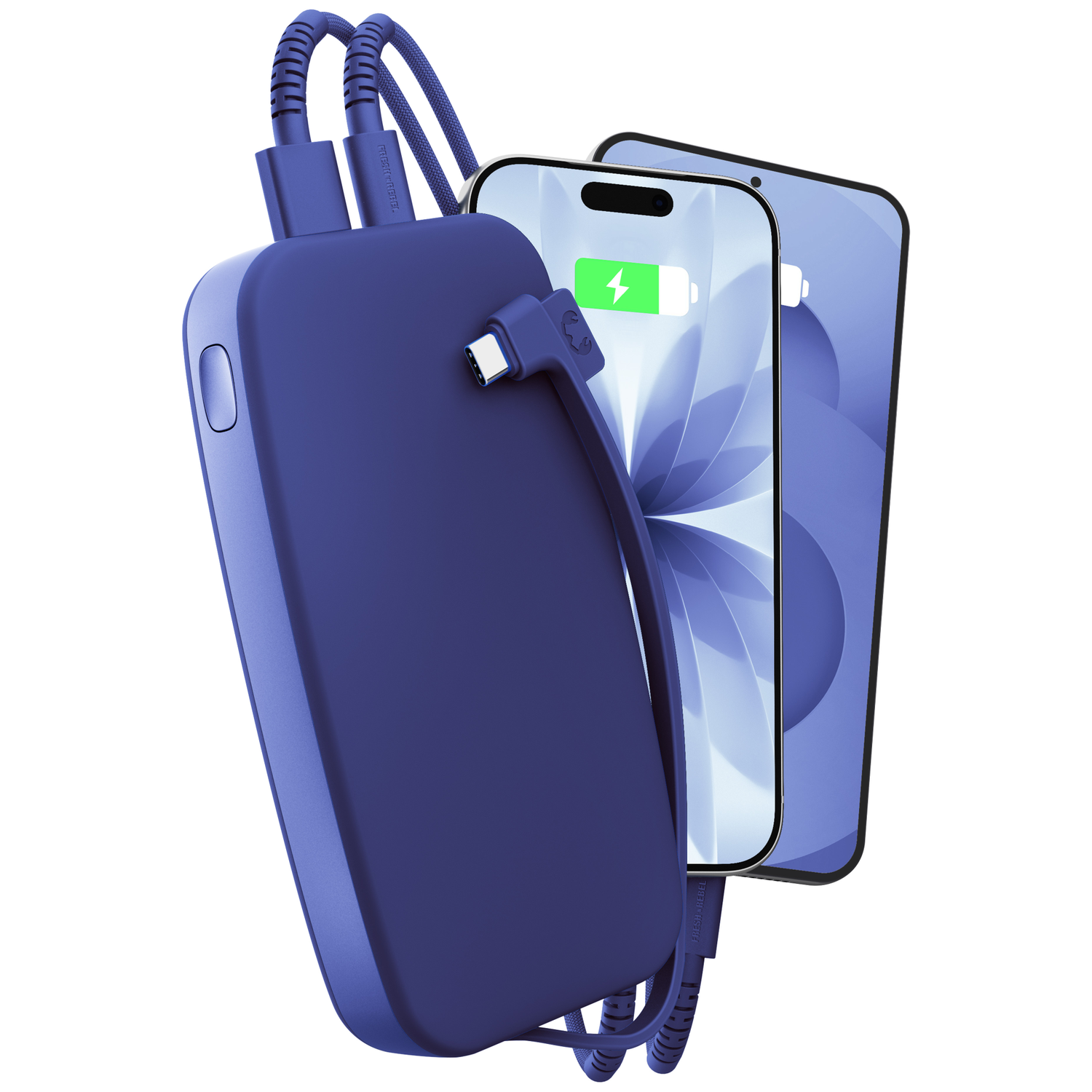 Une batterie externe bleue charge deux smartphones avec des câbles intégrés.