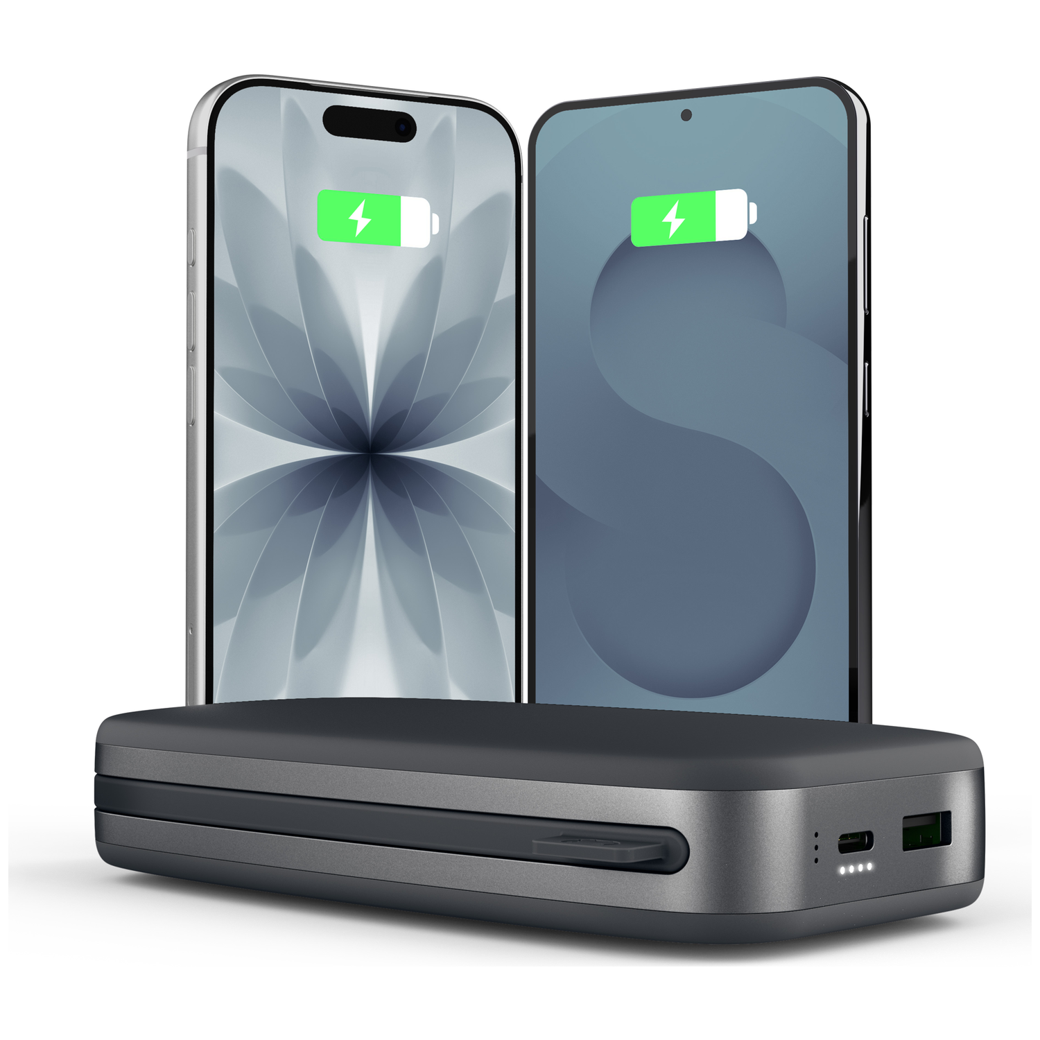 Deux smartphones reposent sur une batterie externe grise, les deux écrans affichent une icône de charge verte.