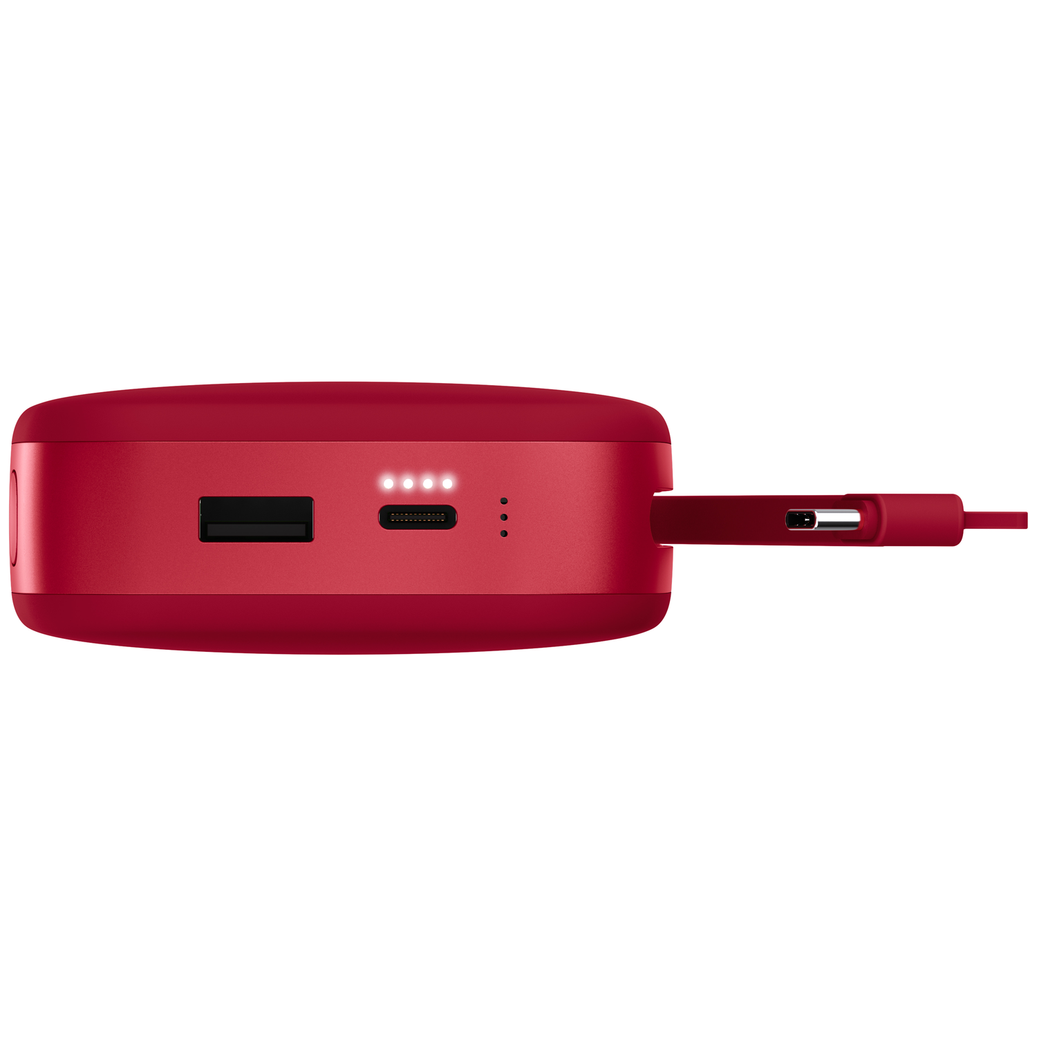 Batterie externe rouge avec port USB, indicateur de charge et câble intégré.