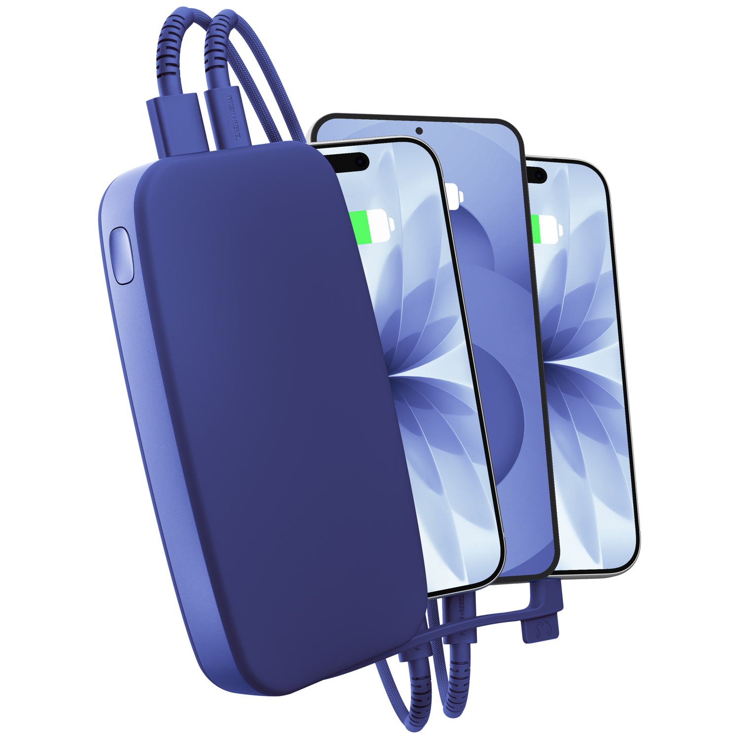 Une batterie externe bleue charge trois smartphones simultanément via des câbles bleus connectés.