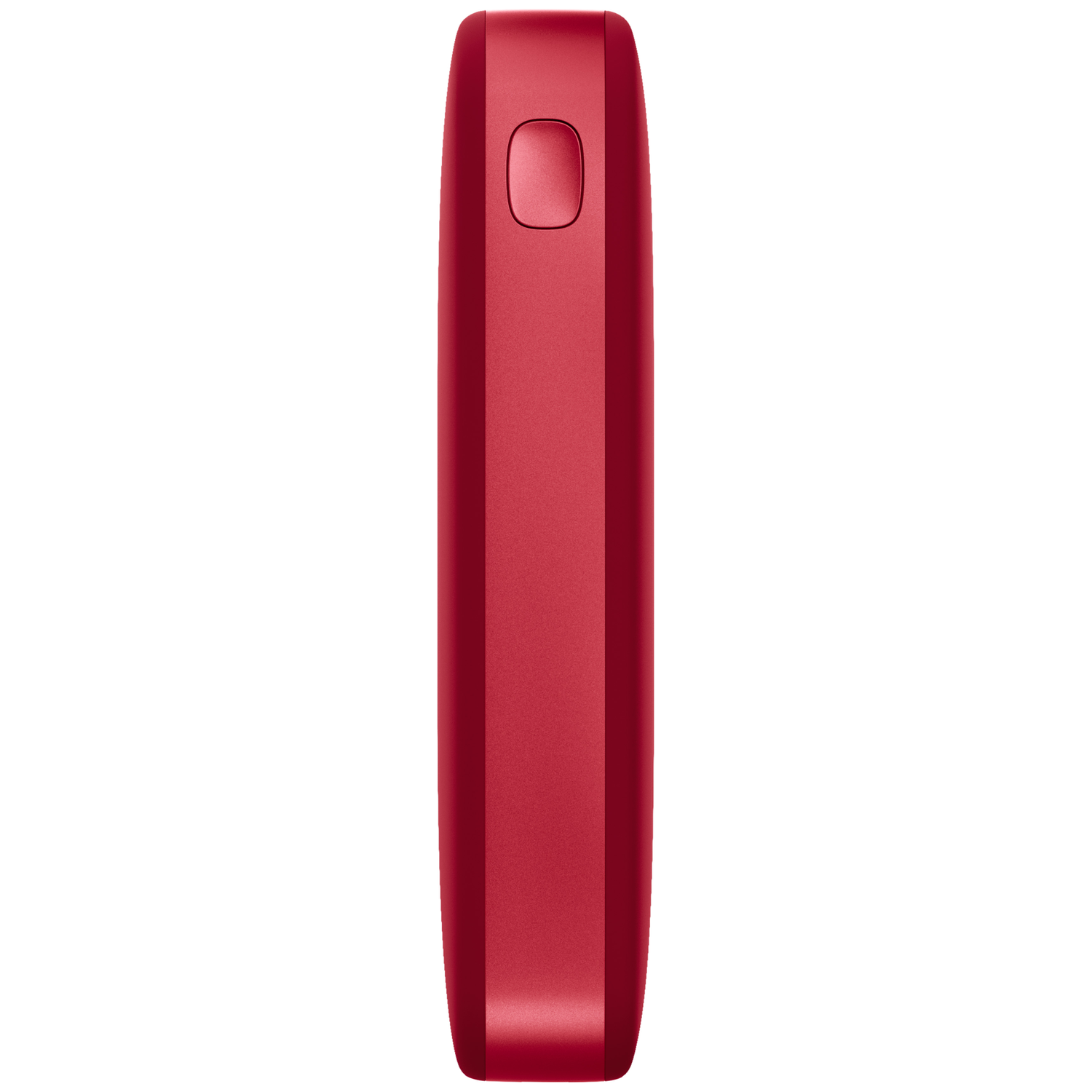 Un appareil électronique rouge aux bords arrondis et un bouton ovale en haut sur fond blanc.