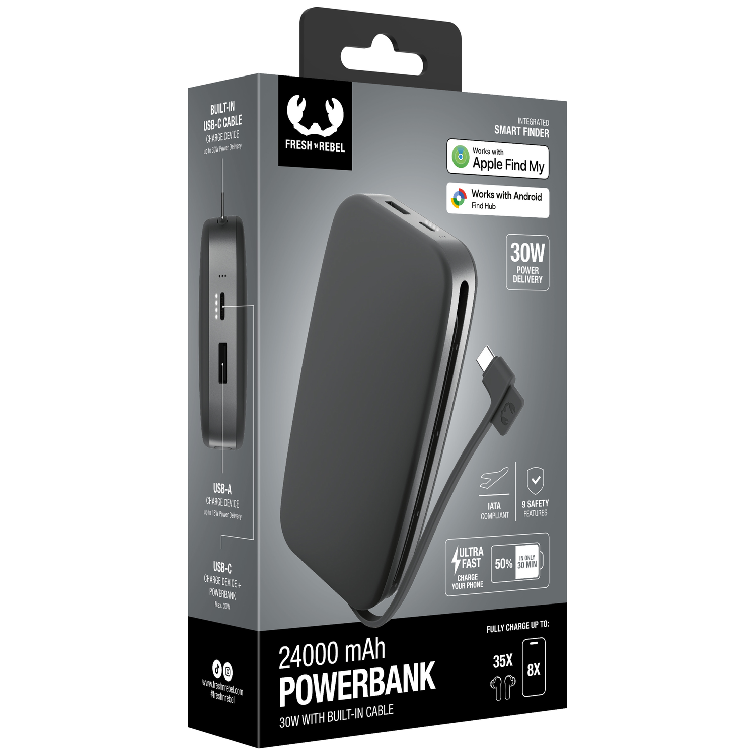 Emballage d'une batterie externe grise de 24000 mAh avec câble USB-C intégré et localisateur.