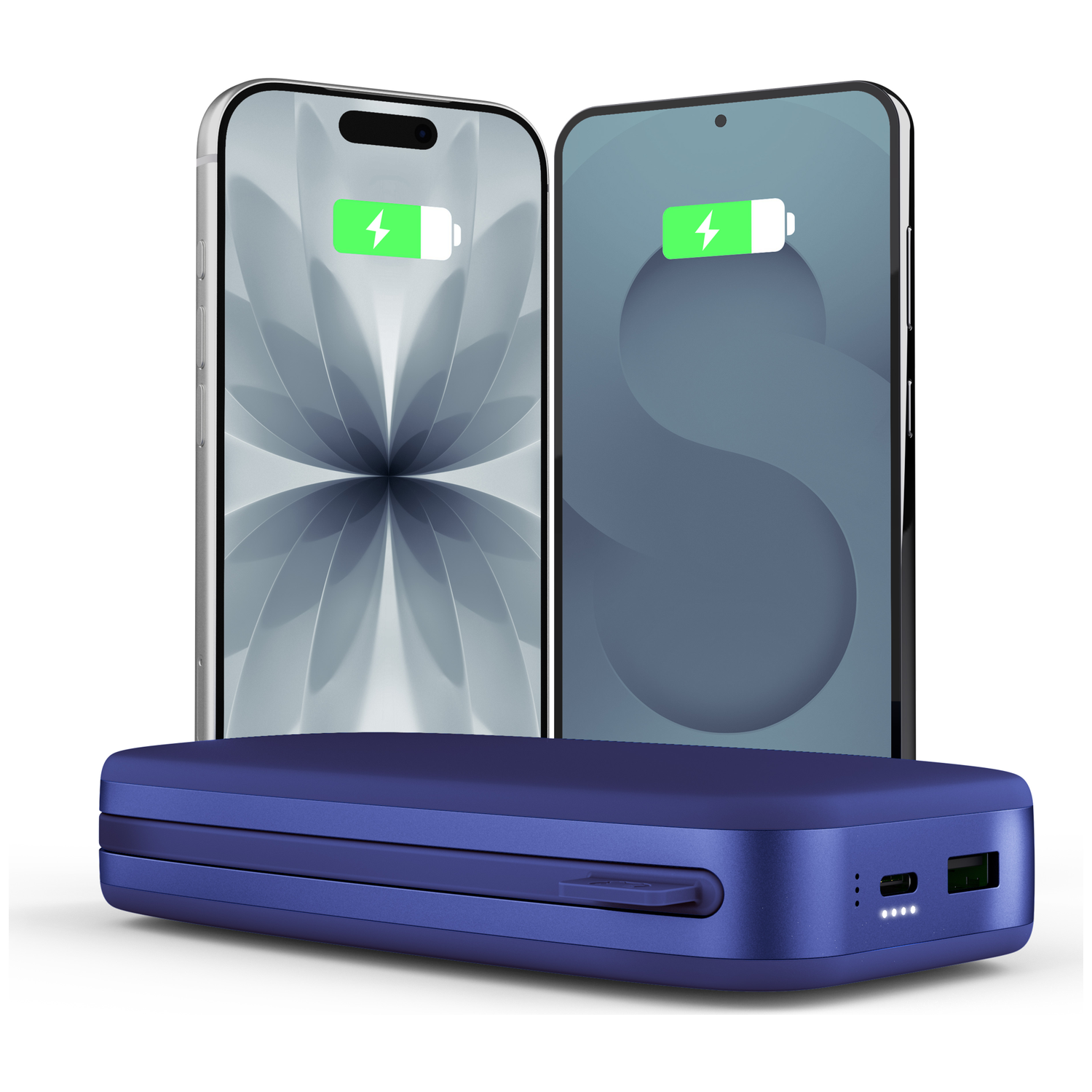 Une batterie externe bleue et deux smartphones affichant des icônes de charge sur fond blanc.