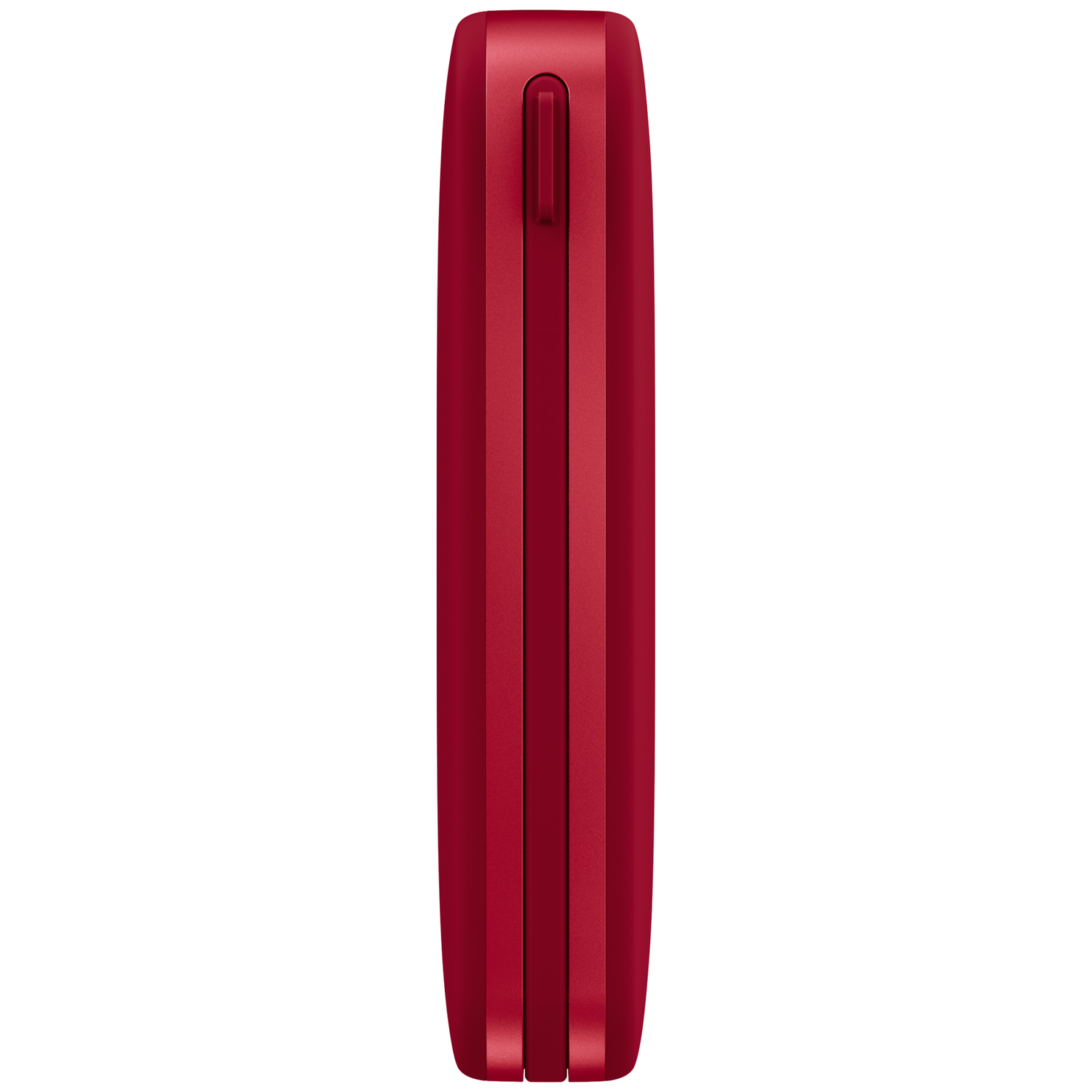 Un appareil électronique rouge et allongé avec un bouton central sur fond blanc.