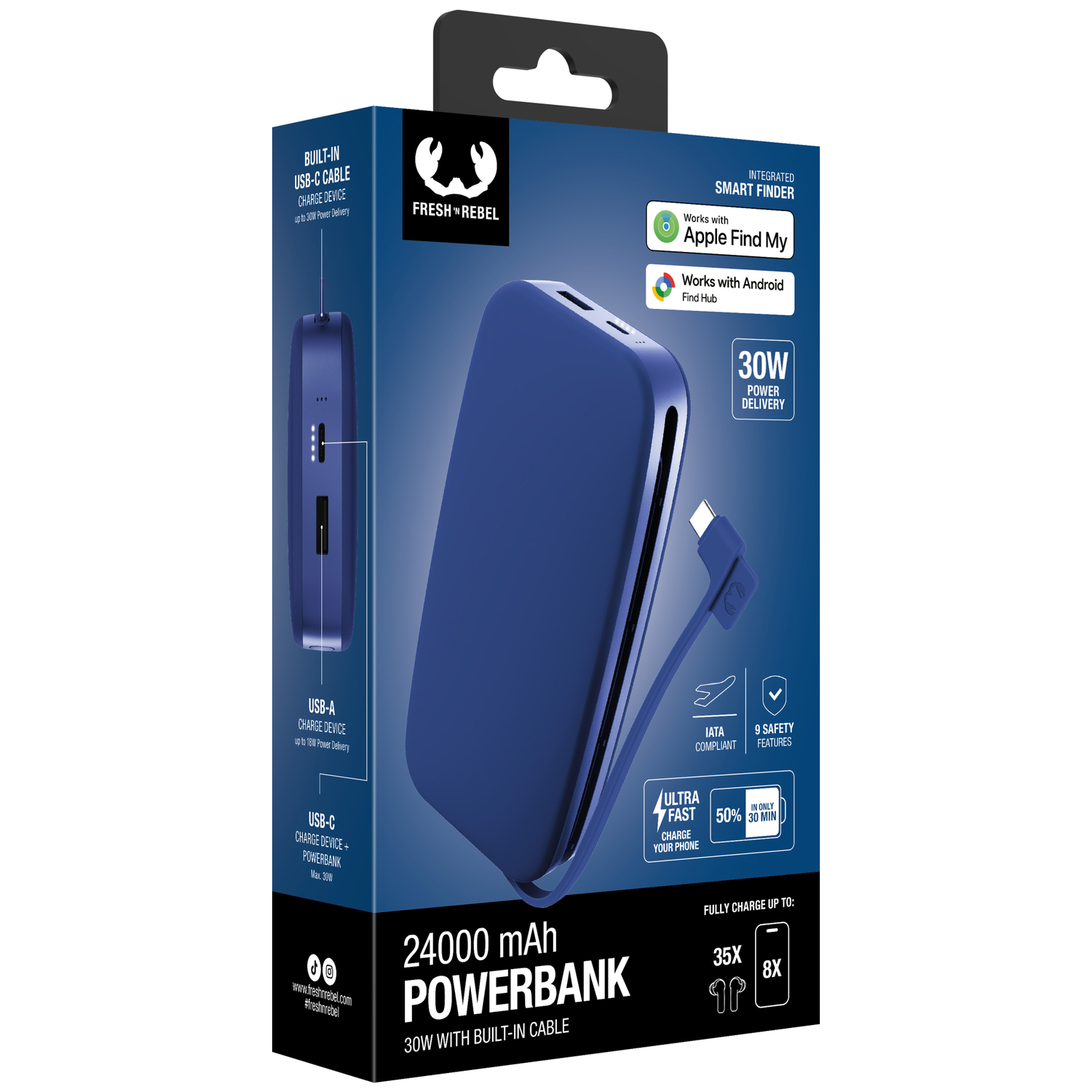 Un emballage de batterie externe bleu Fresh 'n Rebel 24000 mAh avec câble intégré et charge 30W.