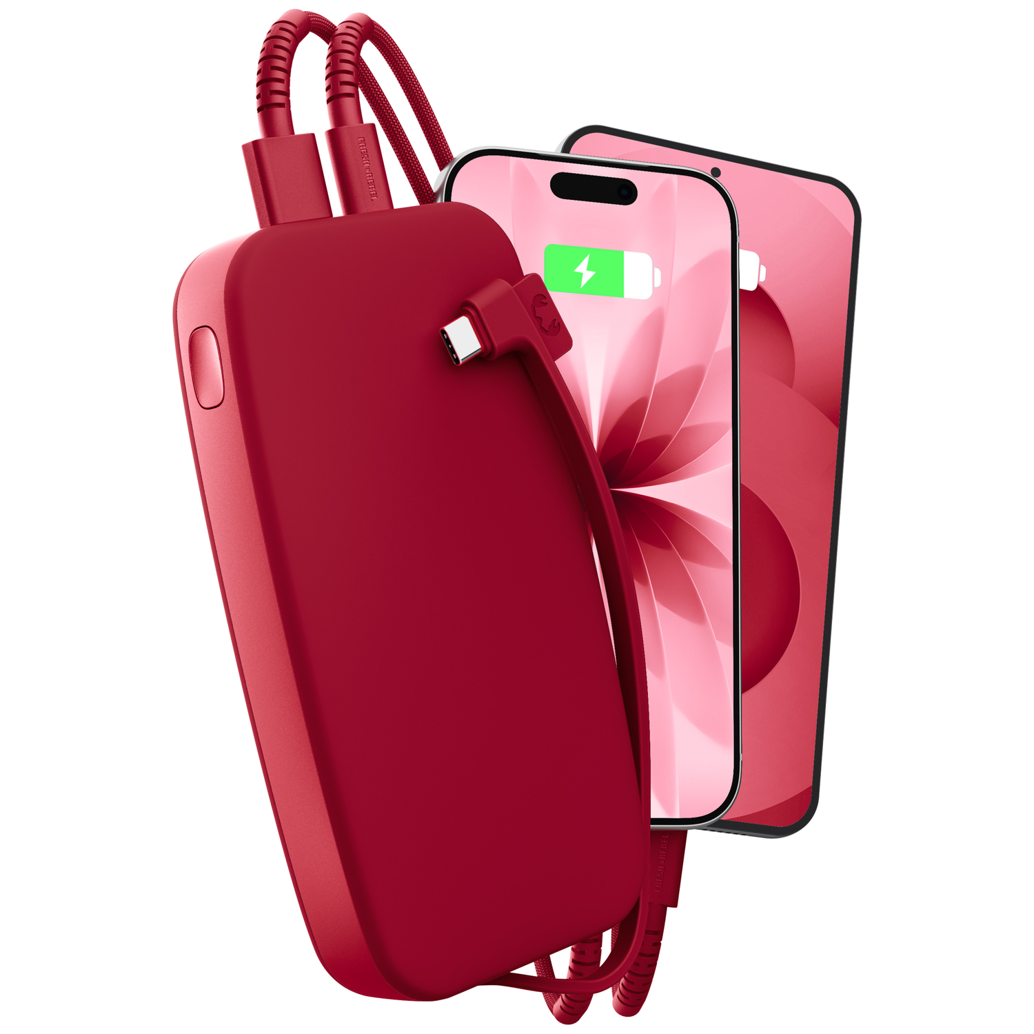 Une batterie externe rouge charge deux smartphones affichant une icône de charge verte.