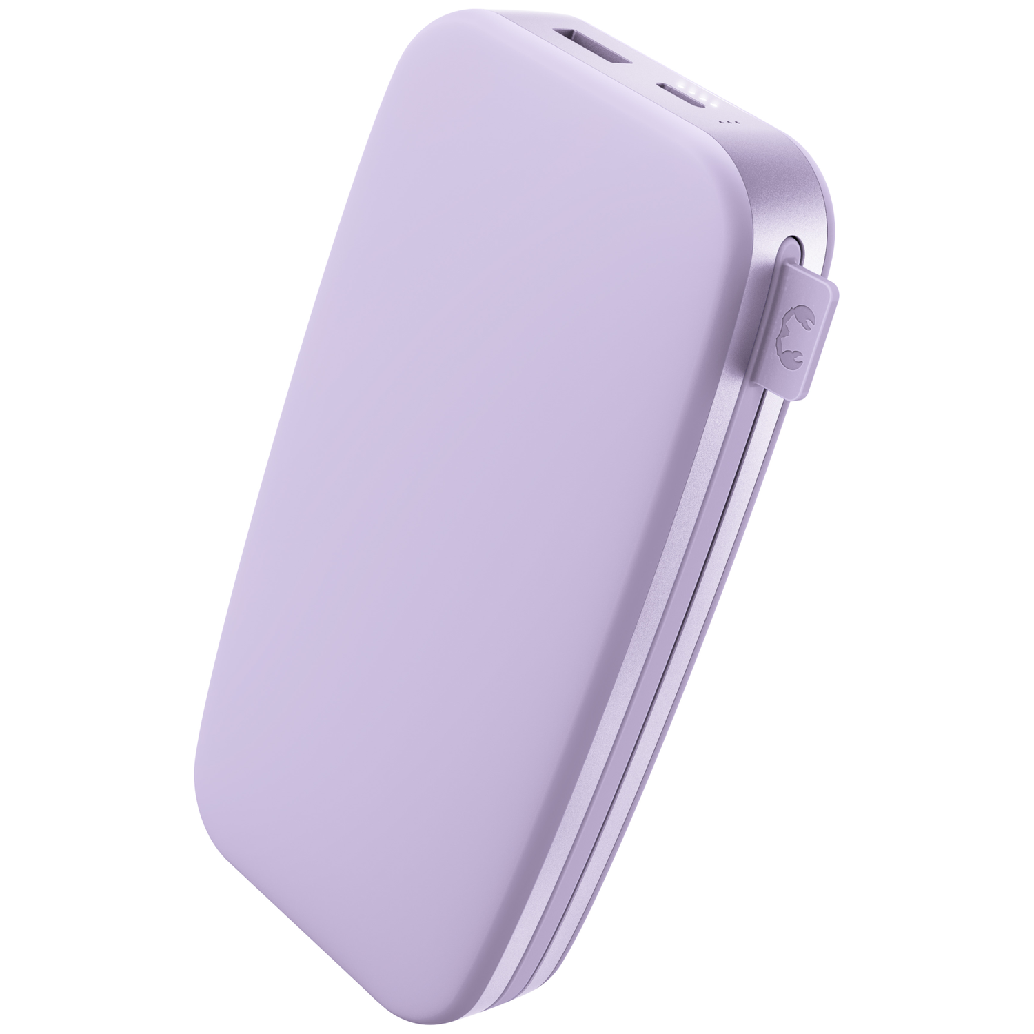 Une batterie externe portable violet clair avec des coins arrondis et des ports sur le dessus.