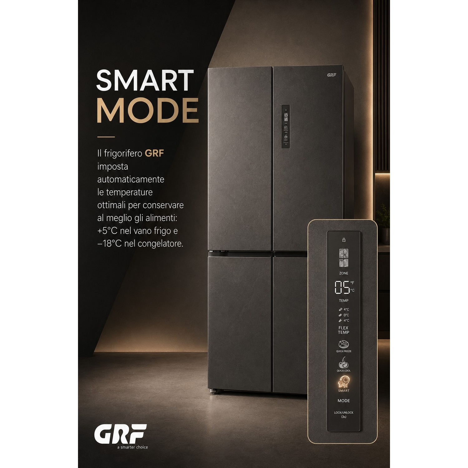 Un frigorifero grigio a quattro porte GRF Smart Mode con pannello di controllo digitale.