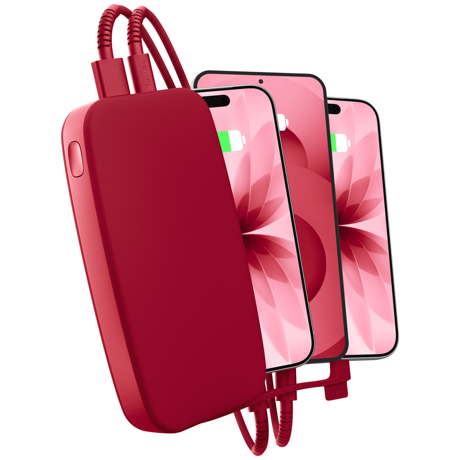 Une batterie externe rouge connectée à trois smartphones en charge sur fond blanc.