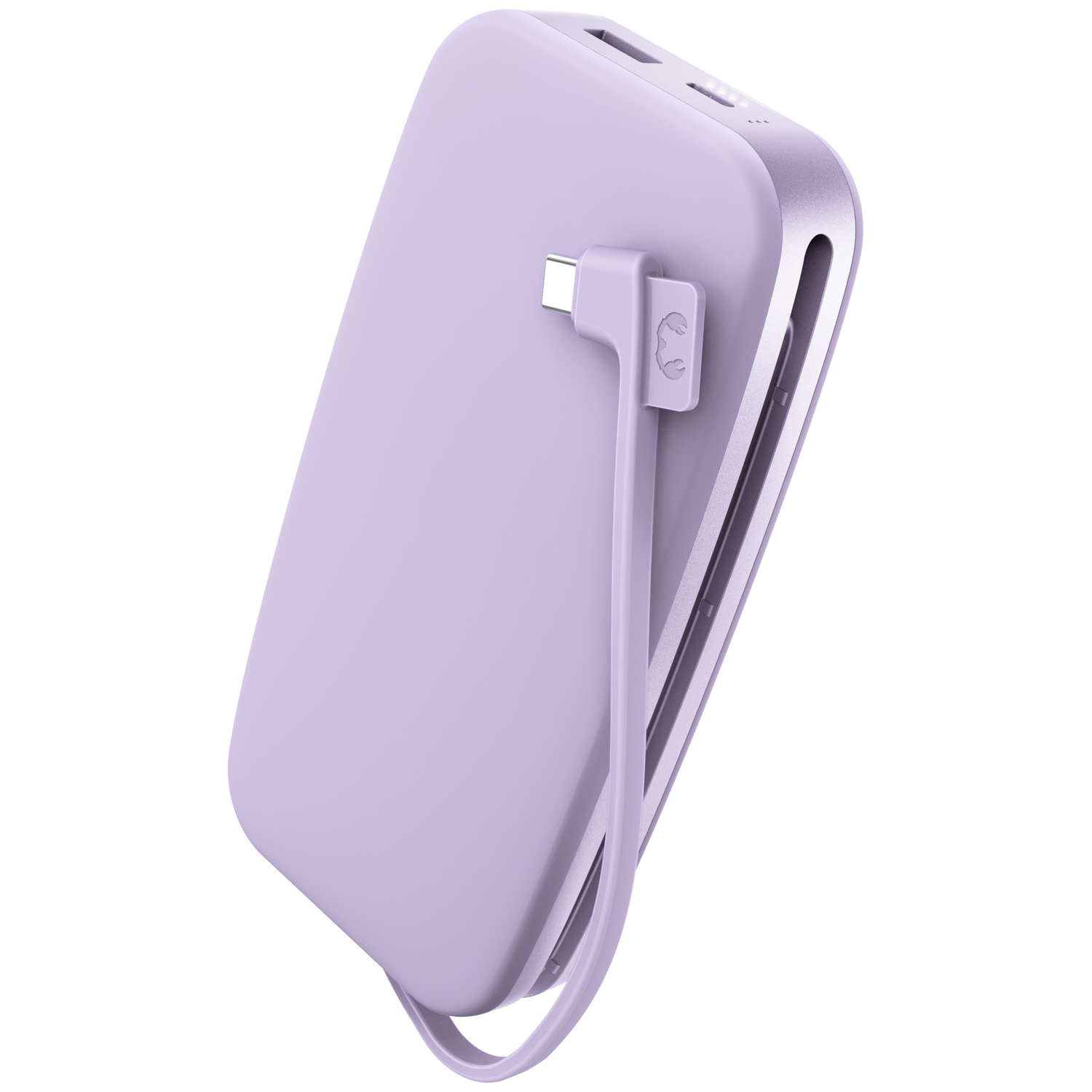 Une batterie externe violette claire avec un câble de charge USB-C intégré sur fond blanc.