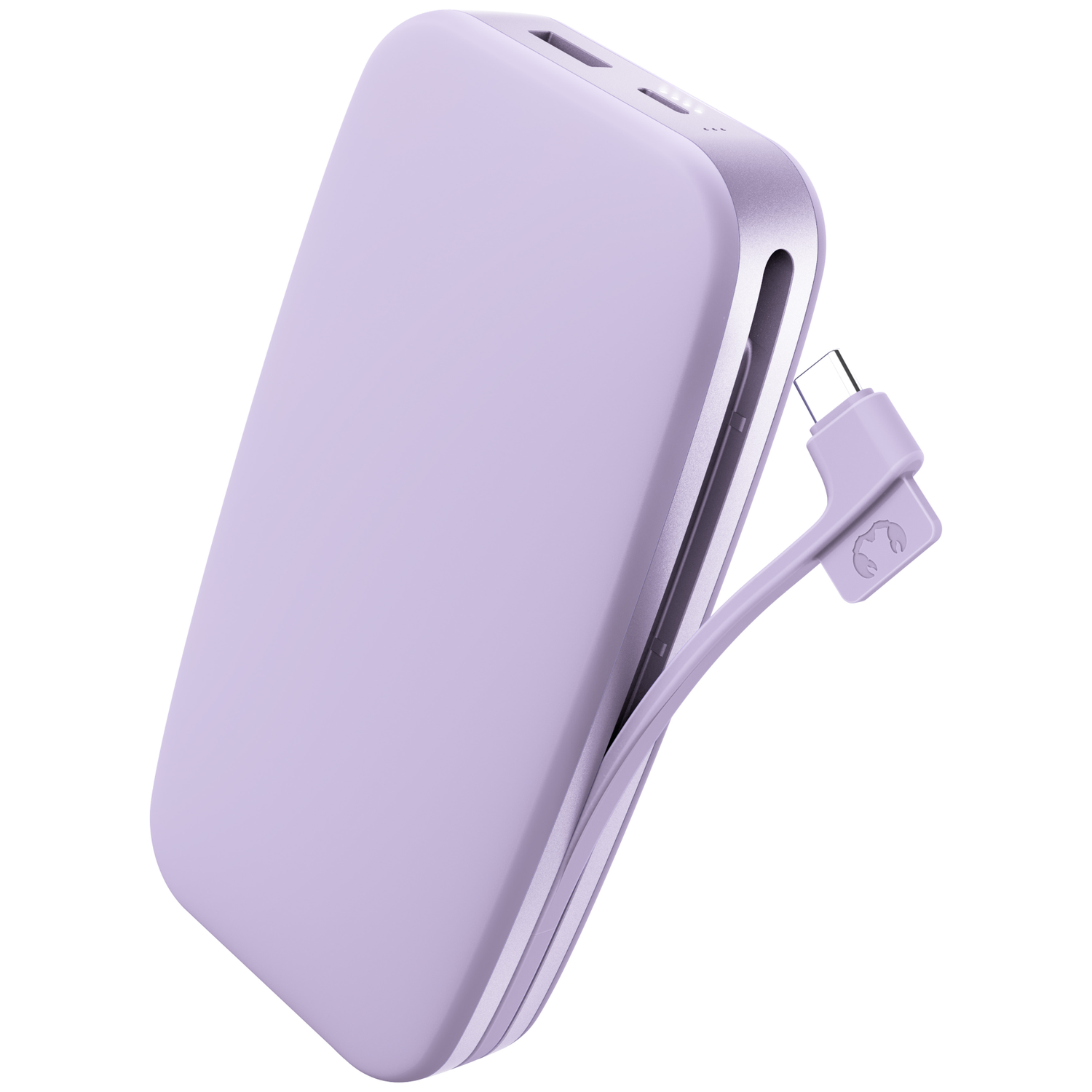 Une batterie externe violette claire avec câble USB-C intégré sur fond blanc.