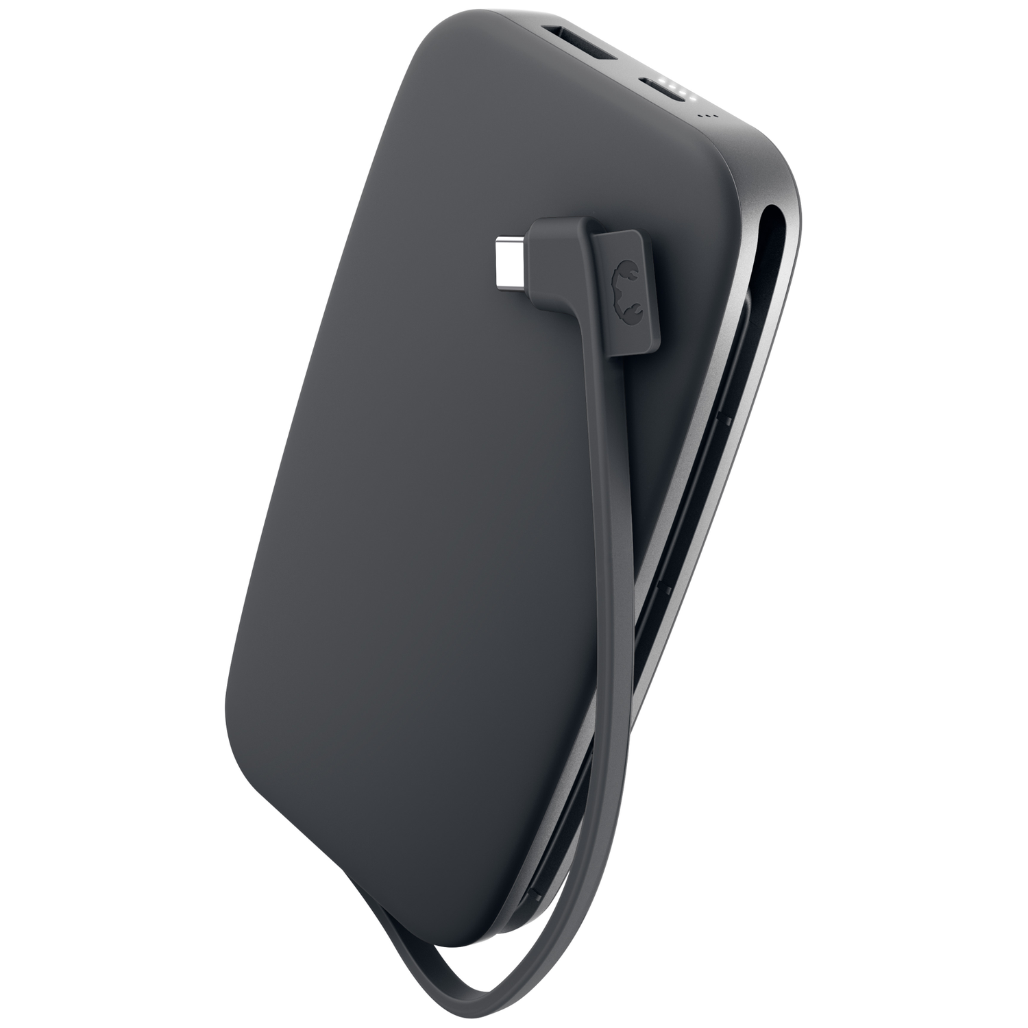 Batterie externe noire avec câble de charge intégré sur fond blanc.