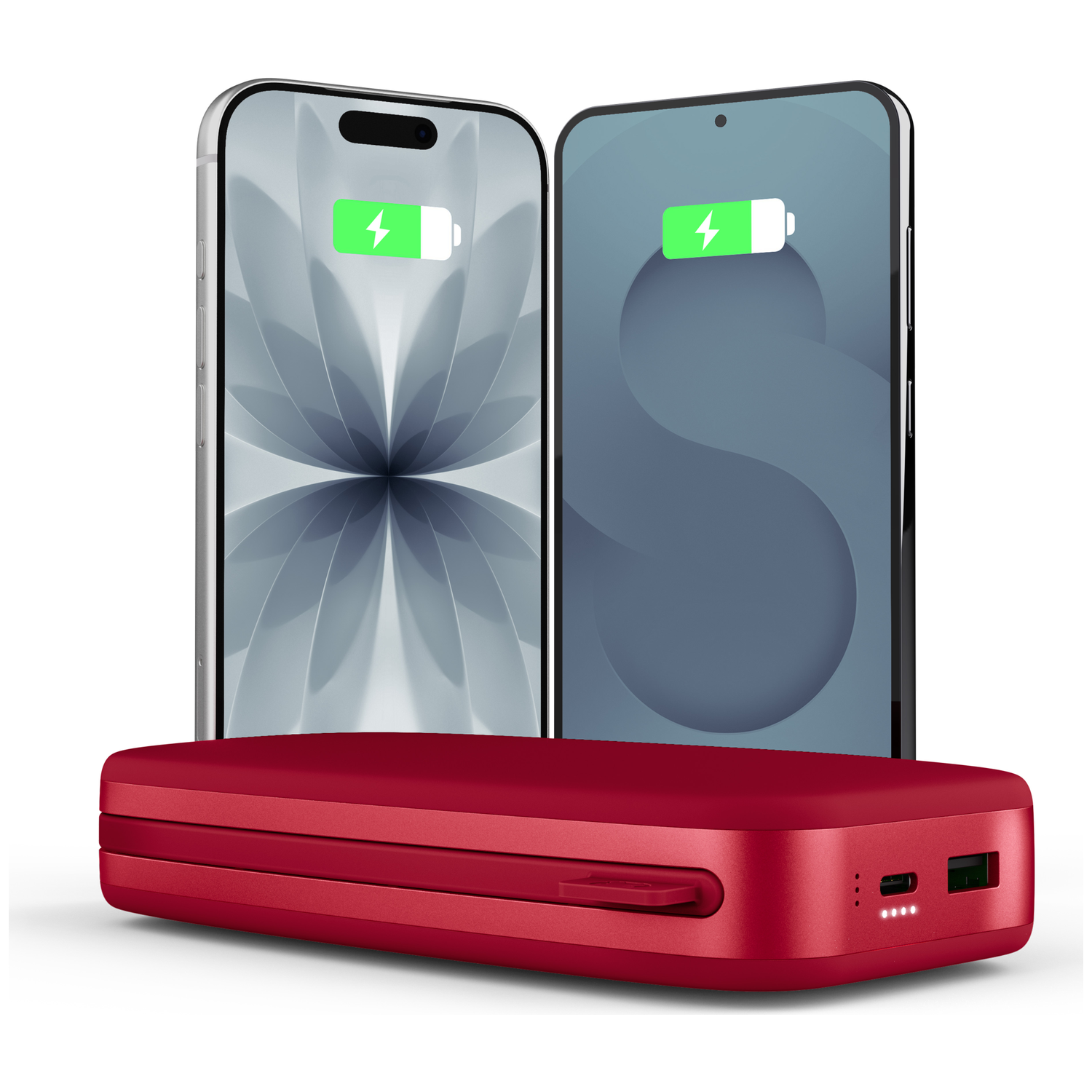 Deux smartphones se tiennent derrière une batterie externe rouge.
