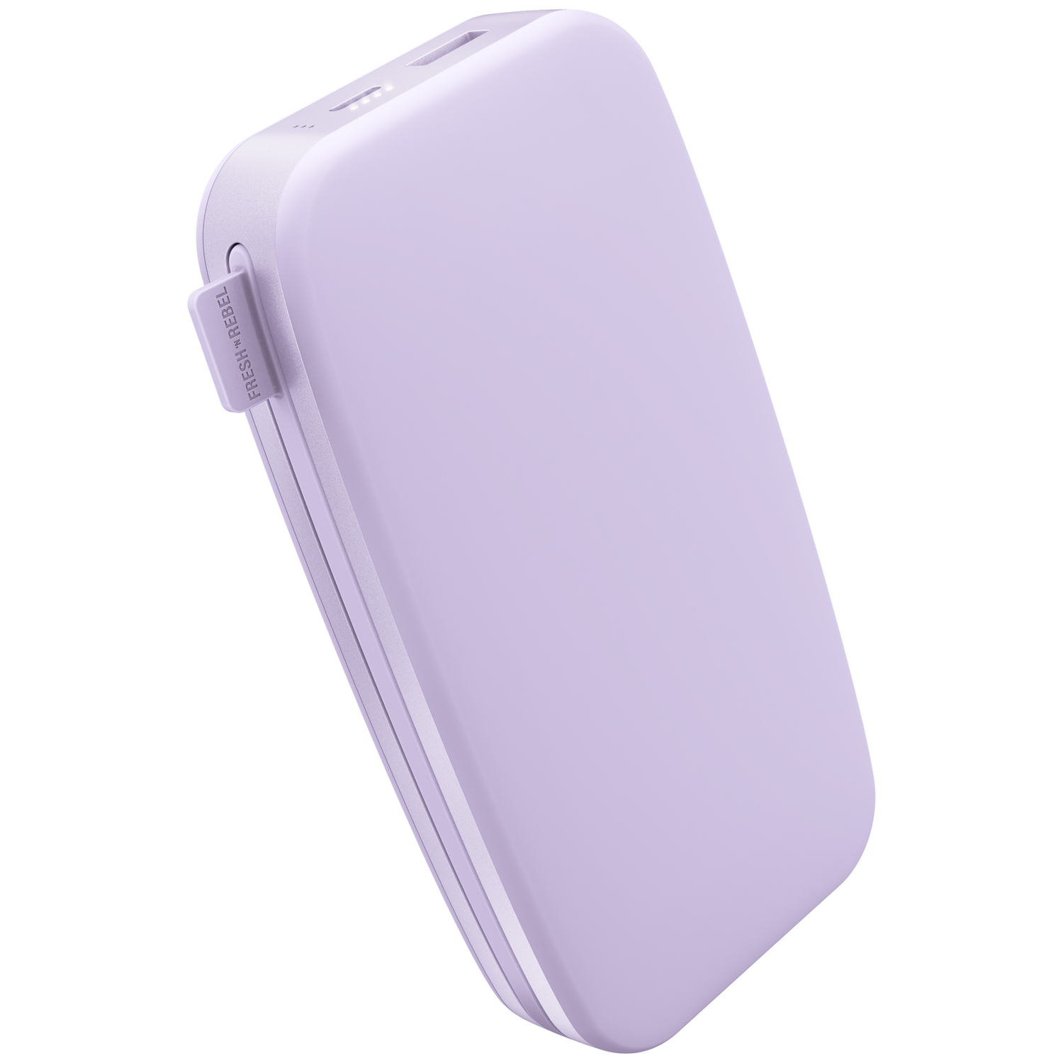 Une batterie externe violet clair aux coins arrondis avec une petite étiquette, sur fond blanc.