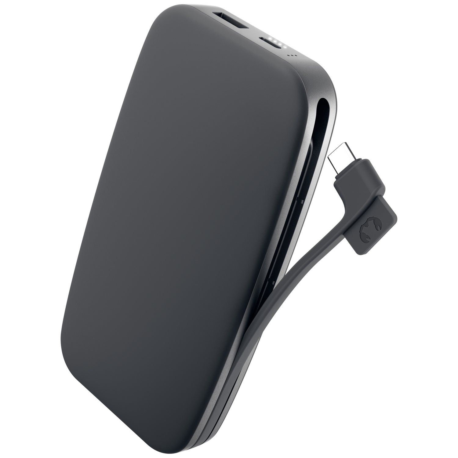 Une batterie externe noire avec un câble attaché et des ports USB.