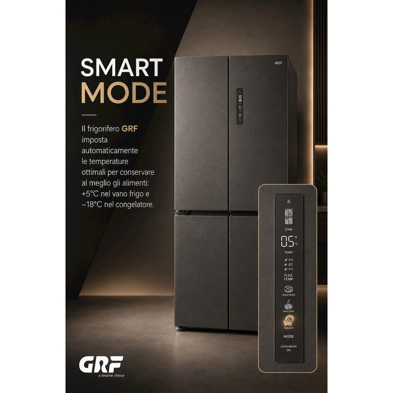 Frigorifero scuro a quattro porte GRF con pannello di controllo digitale e testo sulla modalità smart.