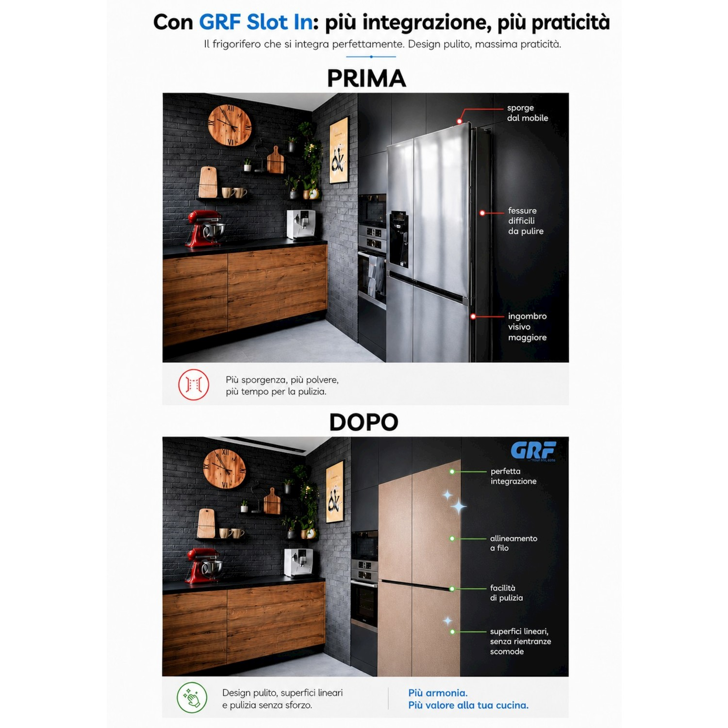 Confronto cucine: prima con frigo sporgente, dopo con GRF Slot In perfettamente integrato a filo mobile.