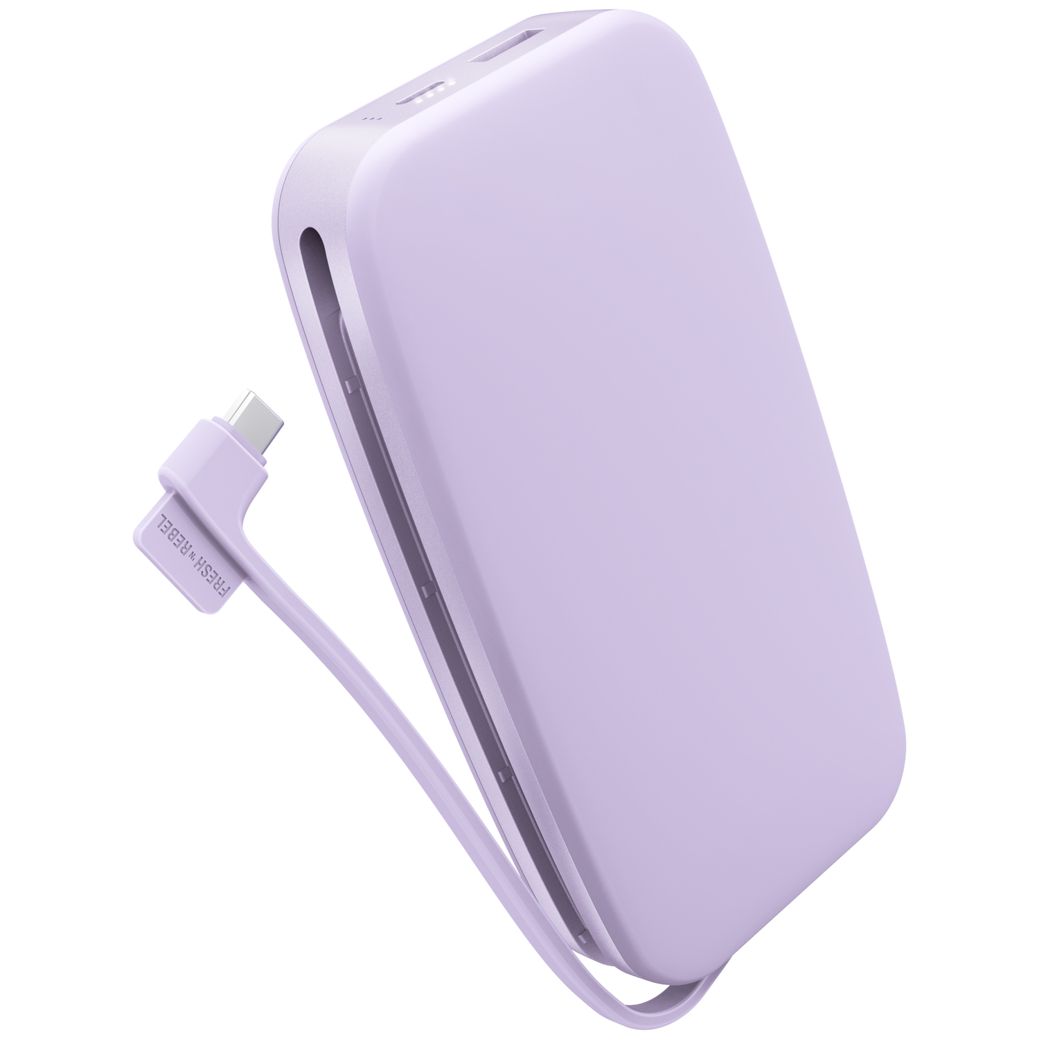 Une batterie externe violette et arrondie avec câble de charge intégré sur fond blanc.