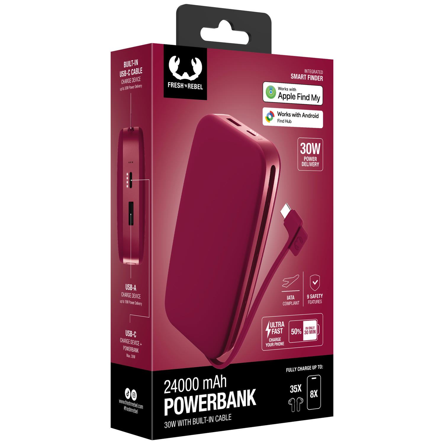 Boîte de batterie externe rouge Fresh 'n Rebel de 24000 mAh avec câble USB-C intégré.