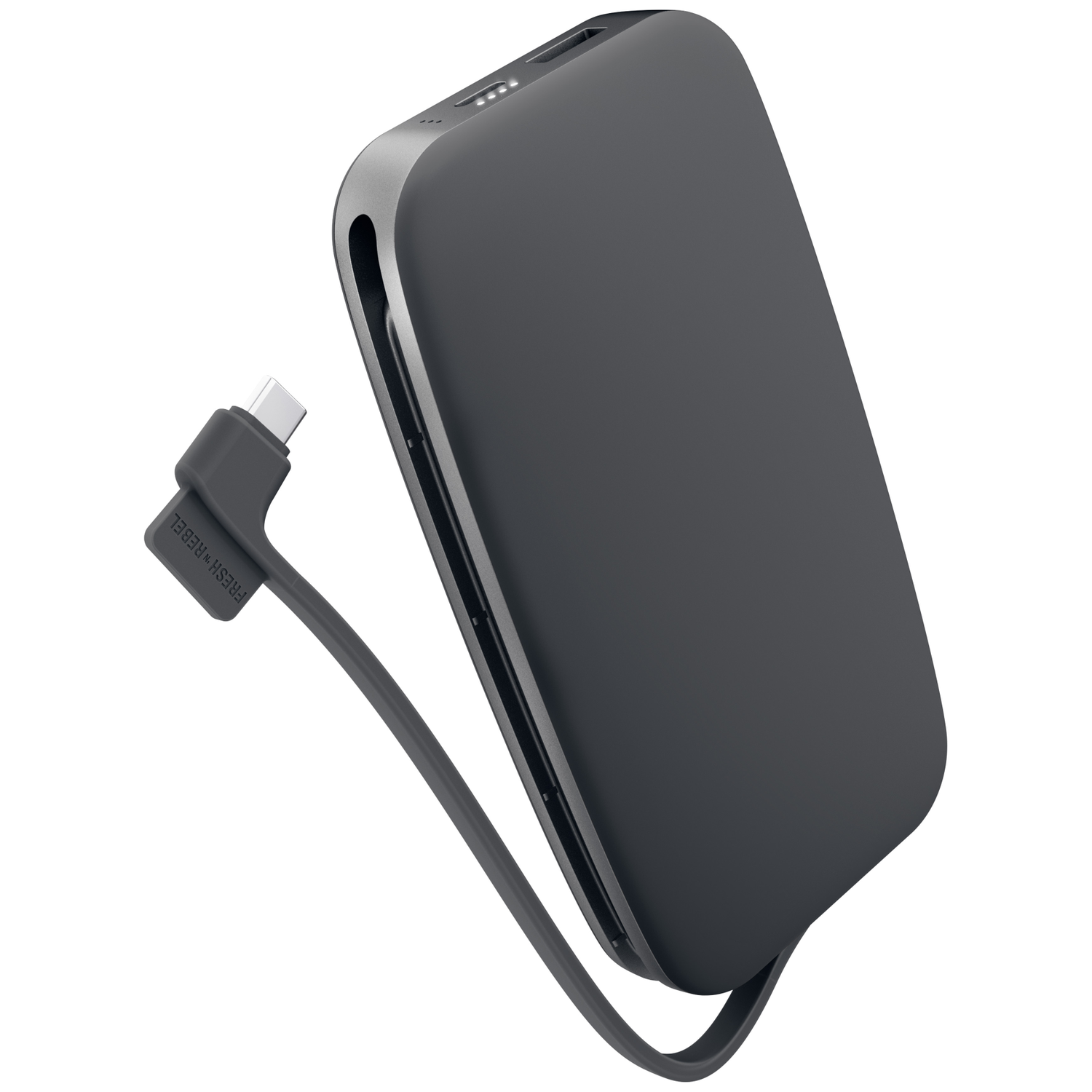 Batterie externe gris foncé avec câble de charge intégré et bords arrondis sur fond blanc.