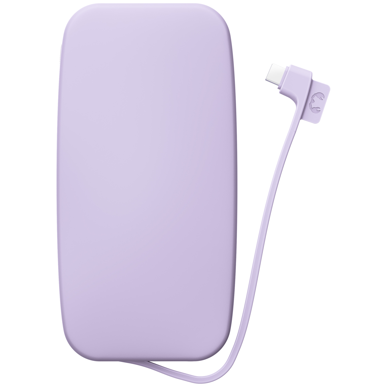 Une batterie externe violette aux coins arrondis avec un câble de charge assorti intégré sur fond blanc.