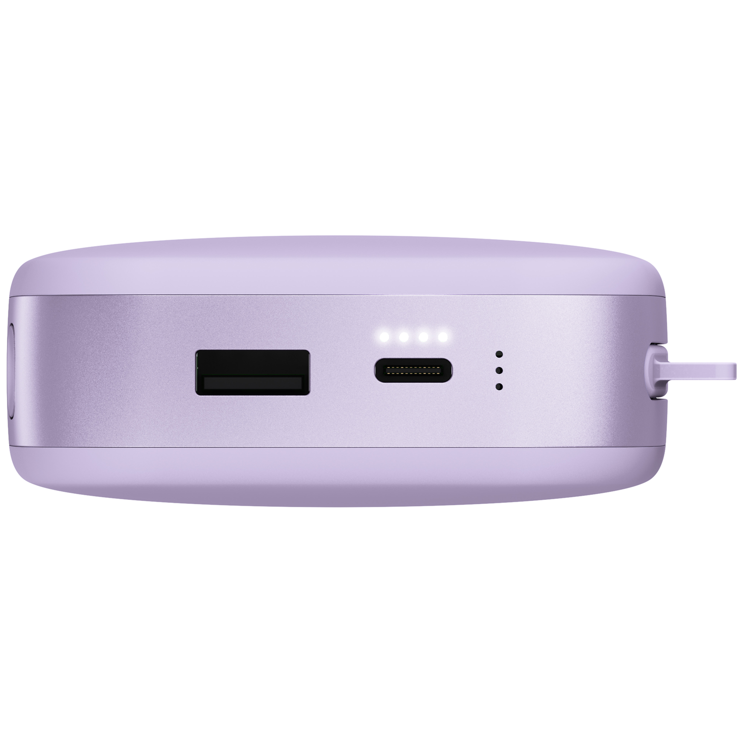 Une batterie externe violette avec des ports USB-A et USB-C, et quatre voyants LED blancs allumés, sur fond blanc.