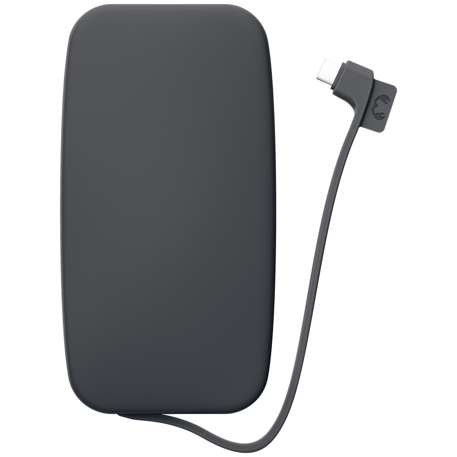 Une batterie externe gris foncé aux coins arrondis avec un câble USB-C attaché sur fond blanc.