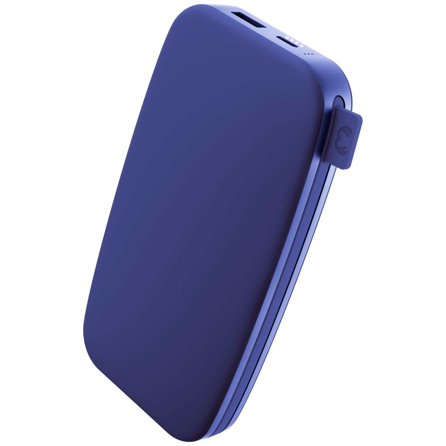 Batterie externe bleue aux coins arrondis avec un port intégré sur fond blanc.