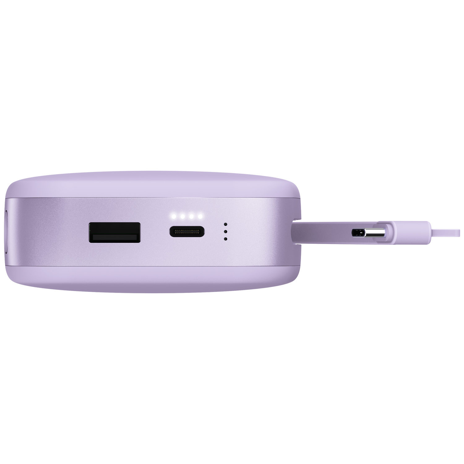 Batterie externe mauve clair avec ports USB, voyants et câble intégré sur fond blanc.