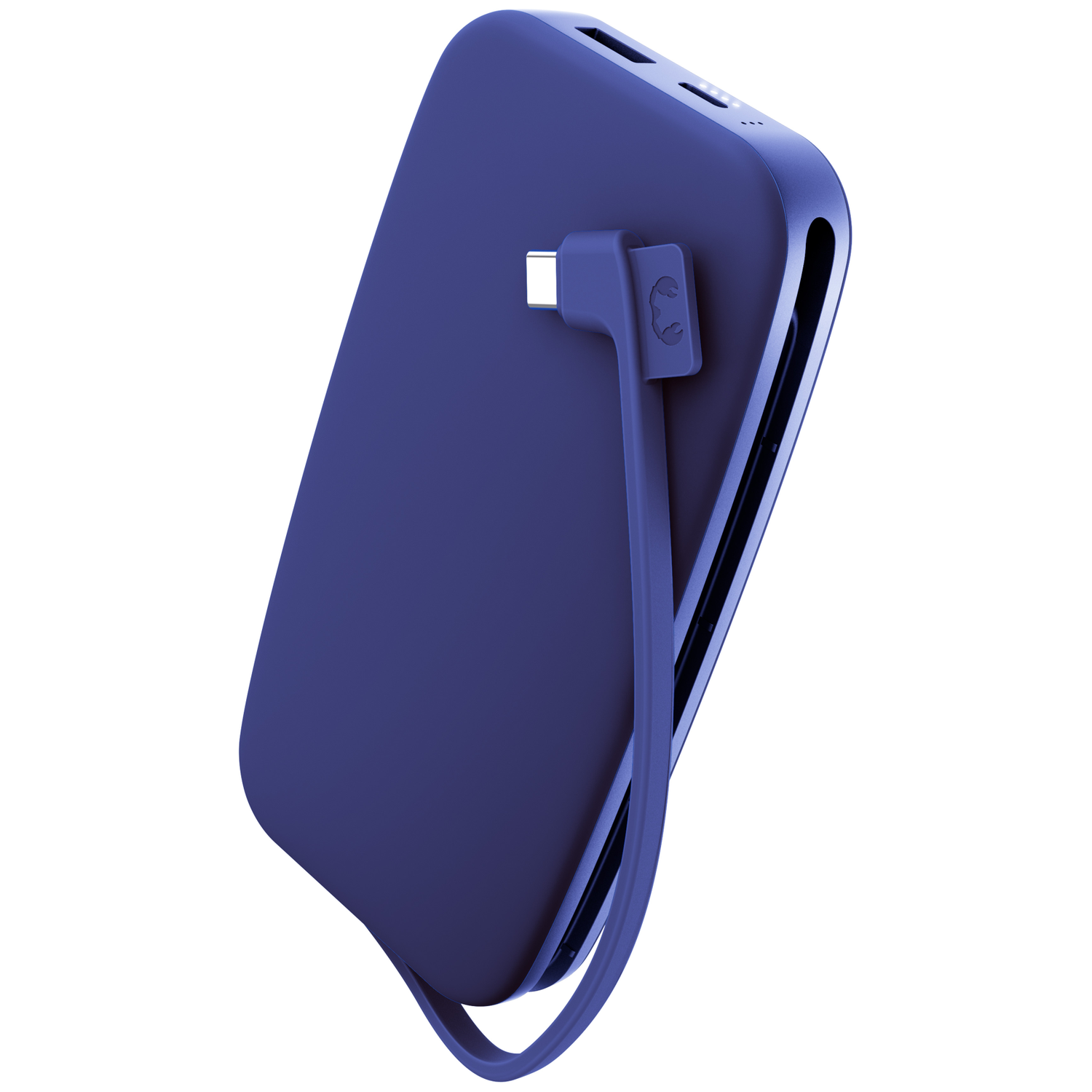 Batterie externe bleue avec câble de charge intégré et ports sur le dessus.