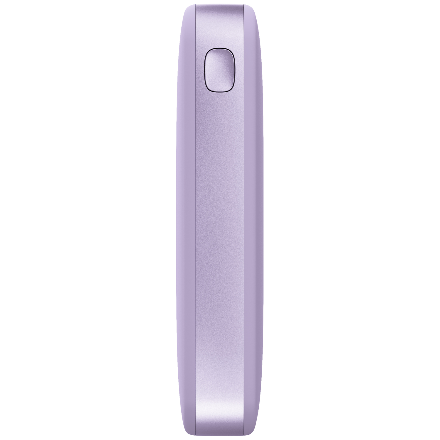 Un appareil électronique violet aux bords arrondis et un bouton d'alimentation rond en haut.