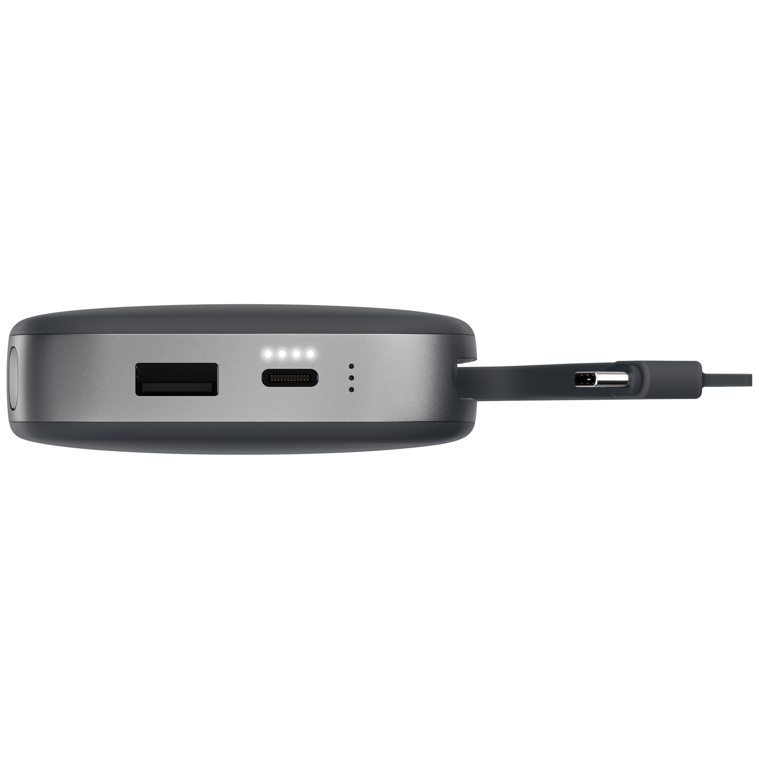 Une batterie externe grise avec des ports USB-A et USB-C, quatre voyants LED blancs et un câble USB-C attaché.